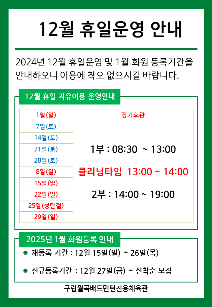 12월 휴일운영안내
  2024년 12월 휴일운영 및 1월 회원등록기간을 안내하오니 이용에 착오 없으시길 바랍니다.

  ■ 12월 휴일 자유이용 운영안내
  ○ 1일(일) : 정기 휴관  
  ○ 7일(토)/14일(토)/21일(토)/28일(토) : 휴일운영(- 1부 : 8시30분~13시, - 클리닝타임 : 13~14시, - 2부 : 14시~17시)
  ○ 8일(일)/15일(일)/22일(일)/25일(수)/29일(일)​​ : 휴일운영(- 1부 : 8시30분~13시, - 클리닝타임 : 13~14시, - 2부 : 14시~17시) 
   
  ■ 2024년 1월 회원등록 안내
  ○ 재등록 기간 : 12월 15일(일) ~ 26일(목)
  ​○ 신규등록기간 : 12월 27일(금) ~ 선착순 모집

  구립월곡배드민턴전용체육관