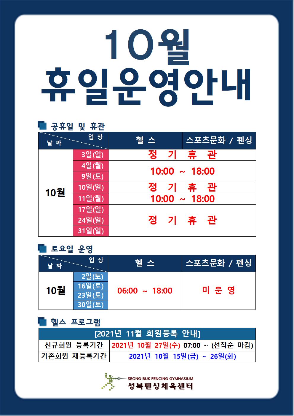 10월 휴일운영안내
■ 공휴일 및 휴관
날짜/업장 | 헬스 | 스포츠문화/펜싱
10월 
3일(일) |  정기휴관 
4일(월), 9일(토) | 10:00 ~ 18:00
10일(일) |  정기휴관 
11일(월) | 10:00 ~ 18:00
17일(일),  24일(일),  31일(일) | 정기휴관 

■토요일 운영
날짜/업장 | 헬스 | 스포츠문화/펜싱
10월
2일(토), 16일(토), 23일(토), 30일(토) | 06:00 ~ 18:00 | 미 운영

■헬스 프로그램
[2021년 11월 회원등록 안내] 
신규회원 등록기간 | 2021년 10월 27일(수) 07:00 ~ (선착순 마감) 
기존회원 재등록기간 | 2021년 10월 15일 (금) ~ 26일(화)

SEONG BUK FENCING GYMNASIUM 
성북펜싱체육센터
