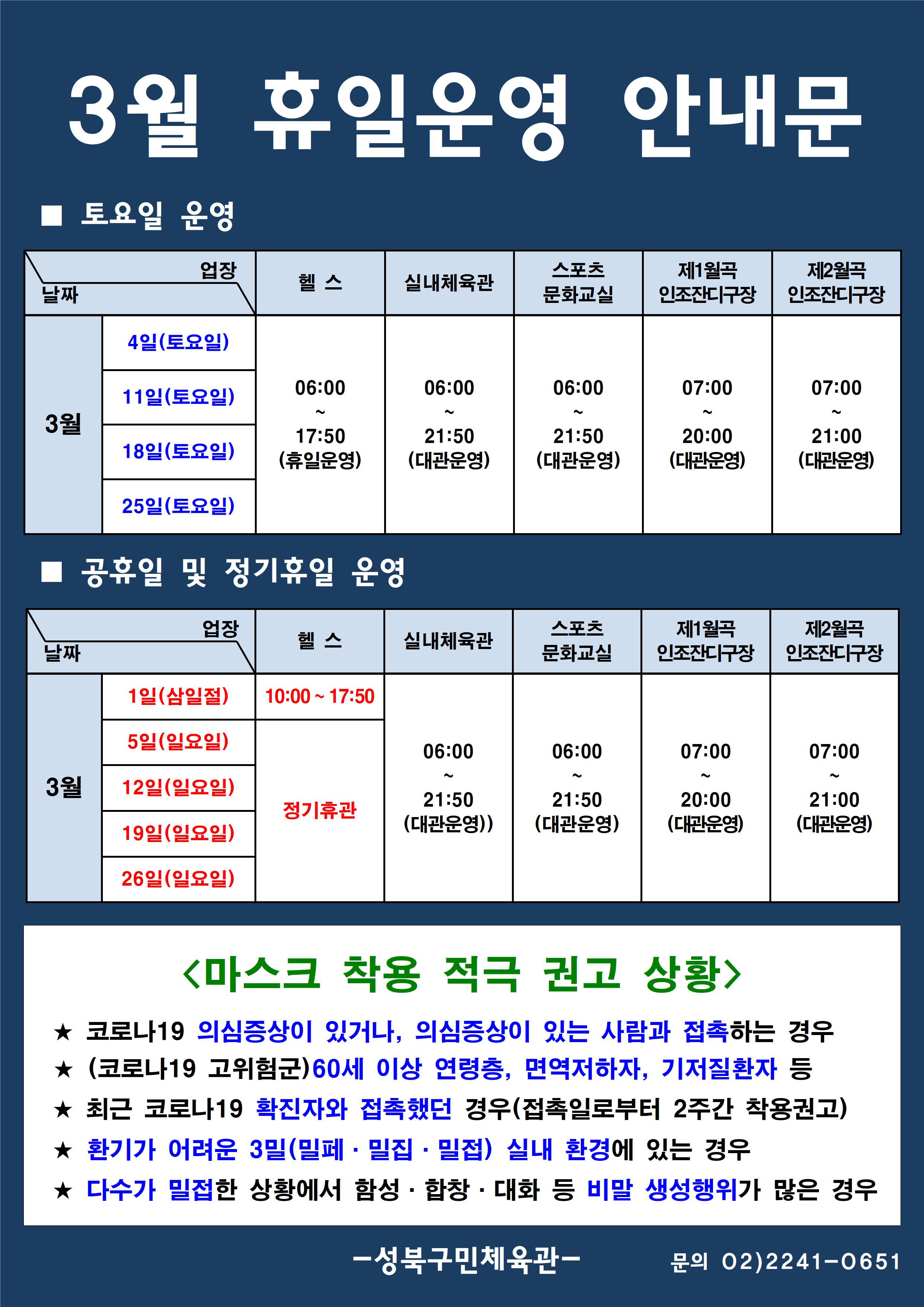 3월 휴일운영 안내문
■ 토요일 운영
날짜:3월 4일(토요일), 11일(토요일), 18일(토요일), 25일(토요일)
업장:  
헬스 |   06:00 ~ 17:50 (휴일운영) 
실내체육관 | 06:00~21:50 (대관운영)
스포츠 문화교실 | 06:00~ 21:50 (대관운영)
제1월곡 인조잔디구장 |  07:00 ~ 20:00 (대관운영)
제2월곡 인조잔디구장 |  07:00 ~ 21:00 (대관운영)

■ 공휴일 및 정기휴일 운영
날짜 3월 1일(삼일절), 5일(일요일), 12(일요일), 19(일요일), 26일(일요일) | 
업장
헬스 : 정기휴관  3월1일(10:00~17:50)
실내체육관 : 06:00~21:50 (대관운영)
스포츠문화교실 : 06:00~ 21:50 (대관운영)
제1월곡인조잔디구장 : 07:00~20:00 (대관운영) 
제2월곡인조잔디구장 : 07:00~21:00 (대관운영)  

<마스크 착용 적극 권고 상황>
★코로나19 의심증상이 있거나, 의심증상이 있는 사람과 접촉하는 경우
★(코로나19 고위험군) 60세 이상 연령층, 면역저하자, 기저질환자 등
★최근 코로나19 확진자와 접촉했던 경우(접촉일로붙어 2주간 착용권고)
★환기가 어려운 3밀(밀폐·밀집·밀접) 실내 환경에 있는 경우
★다수가 밀접한 상황에서 함성·합창·대화 등 비말 생성 행위가 많은 경우

- 성북구민체육센터 -
문의 02)2241-0651