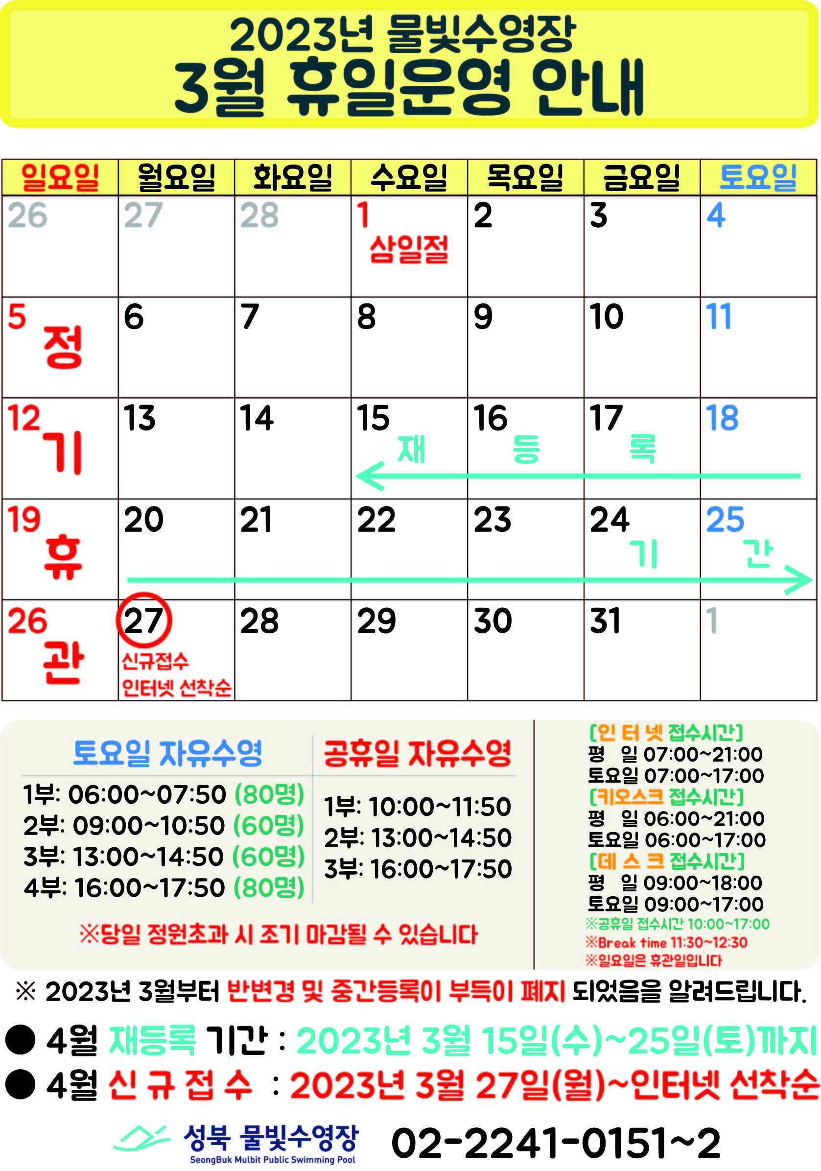   2023년 물빛수영장
  3월 휴일운영 안내
  일요일 | 월요일 | 화요일 | 수요일 | 목요일 | 금요일 | 토요일
  - | - | - | 1 삼일절 | 2 | 3 | 4
  5 정기 휴관 | 6 | 7 | 8 | 9 | 10 | 11
  12 정기 휴관 | 13 | 14 | 15 (기존회원 재등록 :15일~25일) | 16 (기존회원 재등록 :15일~25일) | 17 (기존회원 재등록 :15일~25일) | 18 (기존회원 재등록 :15일~25일)
  19 정기 휴관 | 20 (기존회원 재등록 :15일~25일) | 21 (기존회원 재등록 :15일~25일) | 22 (기존회원 재등록 :15일~25일) | 23 (기존회원 재등록 :15일~25일) | 24 (기존회원 재등록 :15일~25일) | 25  (기존회원 재등록 :15일~25일)
  26 정기 휴관 | 27 (신규접수 인터넷 선착순) | 28 | 29 | 30 | 31 | -
  

토요일 자유수영 - 1부: 06:00~07:50(80명), 2부: 09:00~10:50(60명), 3부: 13:00~14:50(60명), 4부: 16:00~17:50(80명)
공휴일 자유수영 - 1부: 10:00~11:50, 2부: 13:00~14:50, 3부: 16:00~17:50
※ 당일 정원초과시 조기 마감될 수 있습니다.

  [인터넷 접수 시간] 평일 07:00 ~ 21:00, 토요일 07:00 ~ 17:00
  [키오스크 접수 시간]  평일 06:00 ~ 21:00, 토요일 06:00 ~ 17:00
  [데스크 접수 시간]   평일 09:00 ~ 18:00, 토요일 09:00 ~ 17:00
  ※ 공휴일 접수시간 19:00 ~ 17:00
  ※ 데스크 break time 11:30~12:30
  ※ 일요일은 휴관일입니다.

  ※ 2023년 3월부터 반변경 및 중간등록이 부득이 폐지 되었음을 알려드립니다. 

  ■ 4월 재등록 기간 : 2023년 3월15일(수)~25일(토)까지
  ■ 4월 신규접수 : 2023년 3월27일(월)~인터넷 선착순

  성북물빛수영장 SeongBuk Mulbit Public Swimming Pool 02)2241-0151~2