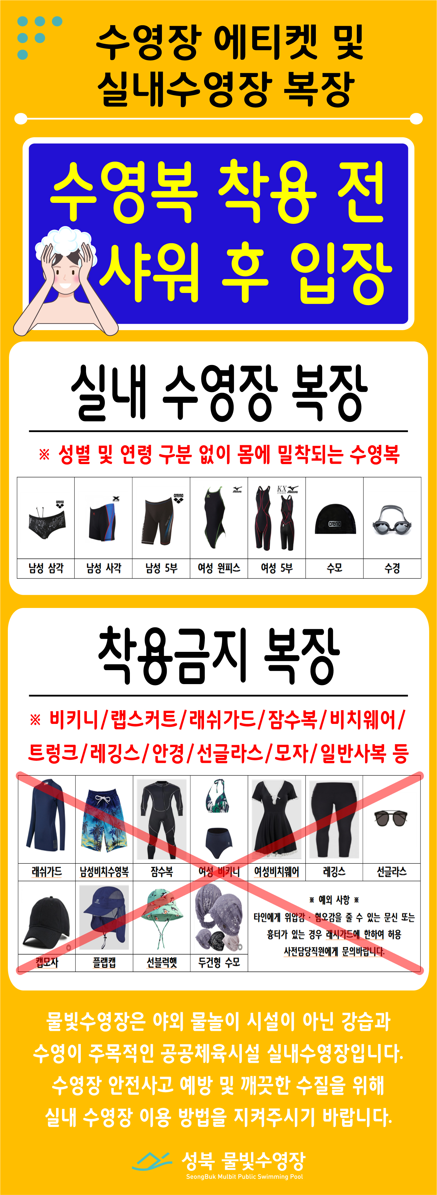   수영장 에티켓 및 실내수영장 복장 
  수영복 착용 전 샤워 후 입장 

실내 수영장 복장 
※ 성별 및 연령 구분 없이 몸에 밀착되는 수영복 
-남성 삼각, 남성 사각, 남성 5부, 여성 윈피스, 여성 5부, 수모, 수경 
착용금지 복장 
※ 비키니/랩스커트/래쉬가드/잠수복/비치웨어/트렁크/레깅스/안경/선글라스/모자/일반사복 등
-래쉬가드, 남성비치수영복, 잠수복, 여성 비키니, 여성비치웨어, 레깅스, 선글라스, 캡모자, 플랩캡, 선블럭햇, 두건형 수모
※예외사항※
타인에게 위압감·협오감을 줄 수 있는 문신 또는 흉터가 있는 경우 래시가드에 한하여 허용 사전담당직원에게 문의 바랍니다.