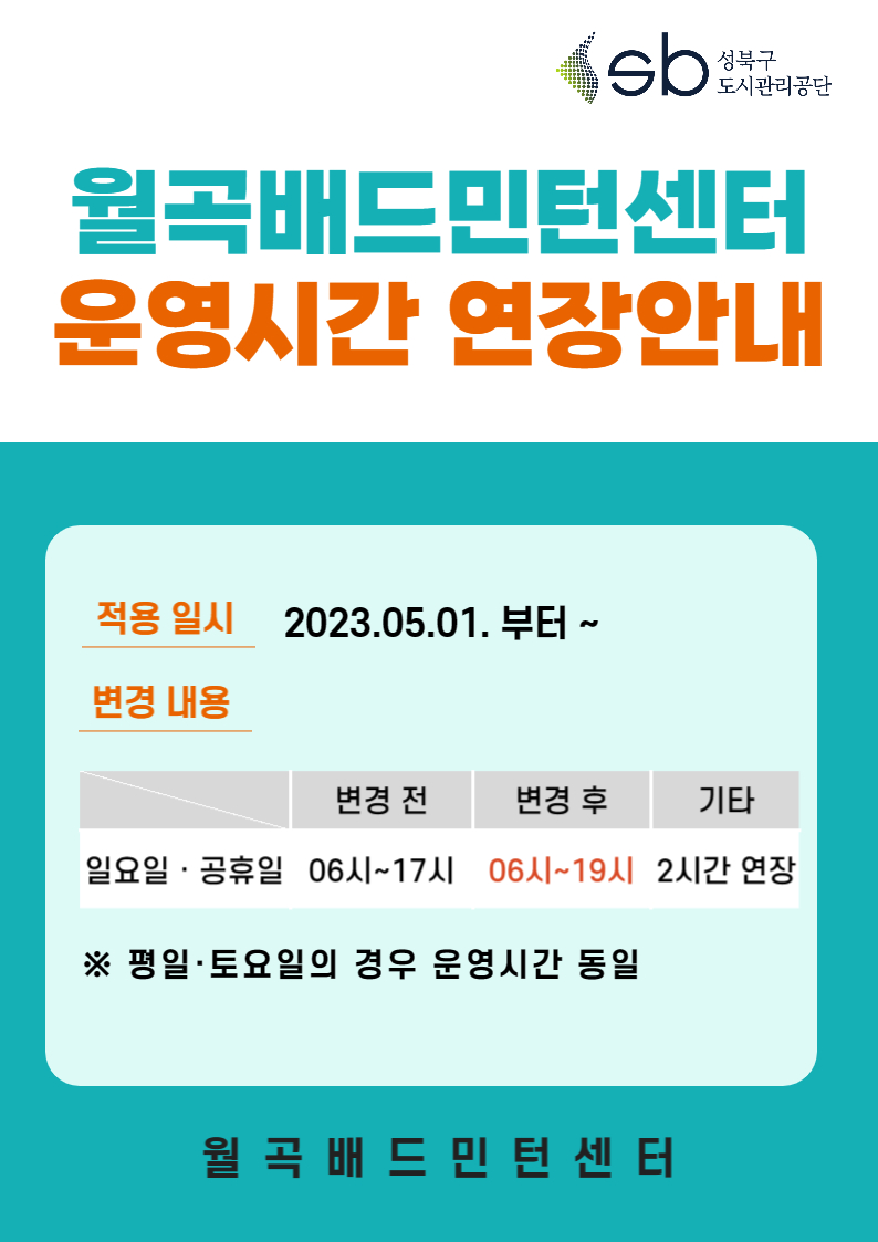 sb성북구도시관리공단 
월곡배드민턴센터 운영시간 연장안내
적용 일시 2023.05.01. 부터 ~
변경 내용
변경 전 | 변경 후 | 기타
일요일·공휴일 06시~17시(변경전) | 일요일·공휴일  06시~19시(변경 후) | 2시간 연장
※평일·토요일의 경우 운영시간 동일
월 곡 배 드 민 턴 센 터