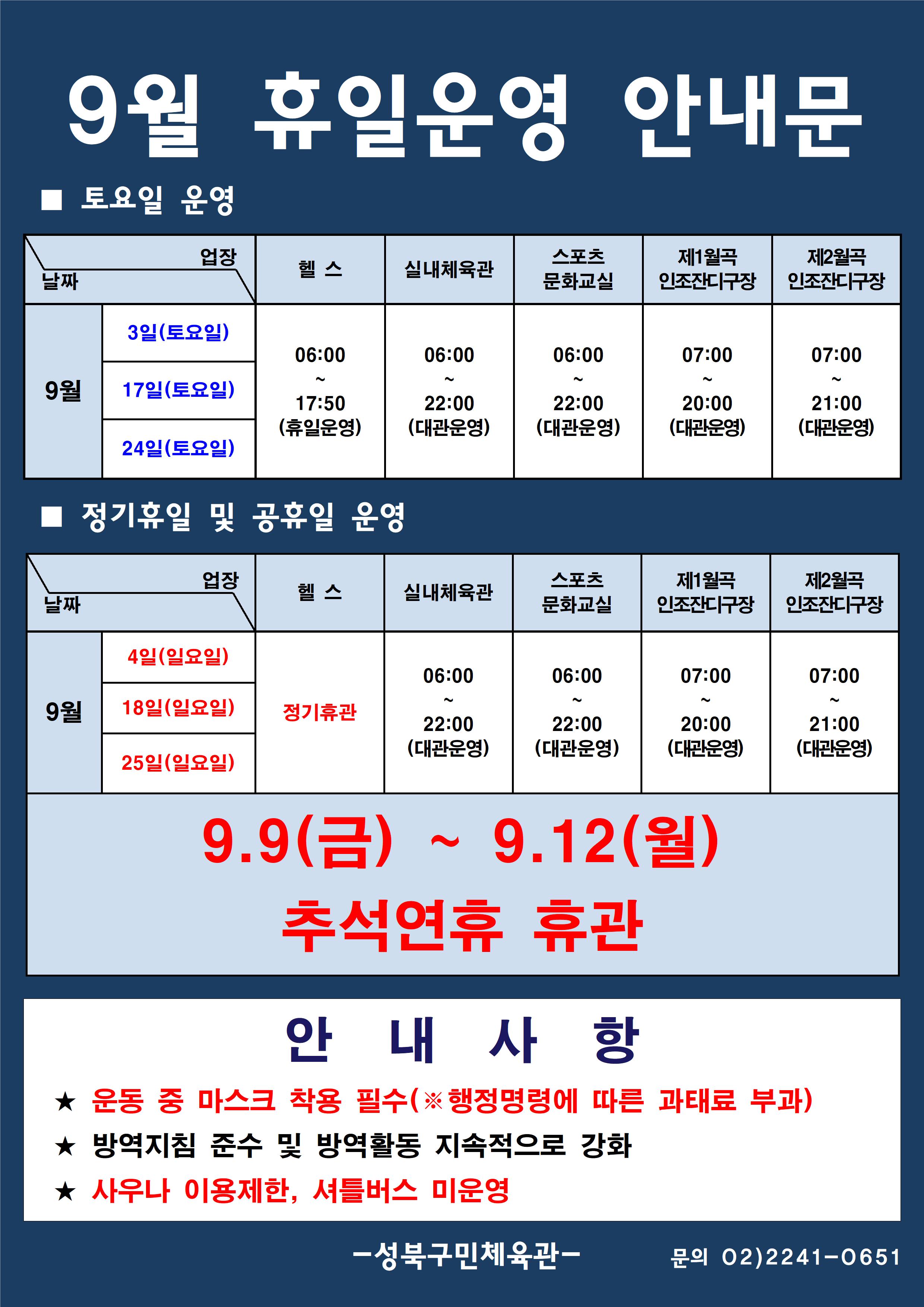 9월 휴일운영 안내문
■ 토요일 운영
날짜:9월 3일(토요일), 17일(토요일), 24일(토요일)
업장:  
헬스 |   06:00 ~ 17:50 (휴일운영) 
실내체육관 | 06:00~22:00 (대관운영)
스포츠문화교실 | 06:00~ 22:00 (대관운영)
제1월곡 인조잔디구장 |  07:00 ~ 20:00 (대관운영)
제2월곡 인조잔디구장 |  07:00 ~ 21:00 (대관운영)

■ 일요일 운영
헬스 | 9월 4일(일요일),18일(일요일),25일(일요일) | 정기휴관
실내체육관,스포츠문화교실 | 9월 4일(일요일),18일(일요일),25일(일요일)  | 06:00~22:00 (대관운영) 
제1월곡인조잔디구장 | 9월 4일(일요일),18일(일요일),25일(일요일)  | 07:00~20:00 (대관운영) 
제2월곡인조잔디구장 | 9월 4일(일요일),18일(일요일),25일(일요일)  | 07:00~21:00 (대관운영) 
9.9(금)~9.12(월) : 추석연휴 휴관

안 내 사 항 
★ 운동 중 마스크 착용 필수(※ 행정명령에 따른 과태료 부과)
★ 방역지침 준수 및 방역활동 지속적으로 강화 
★ 사우나 이용제한,셔틀버스 미운영

- 성북구민체육센터 -
문의 02)2241-0651