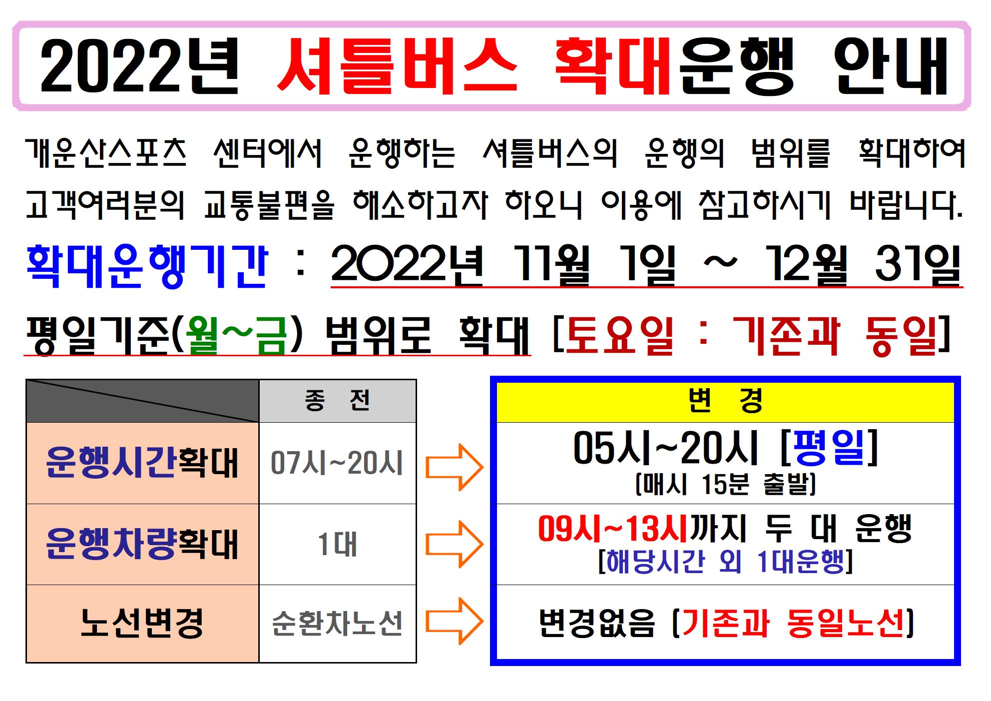 2022년 셔틀버스 확대운행 안내
개운산스포츠센터에서 운행하는 셔틀버스의 운행의 범위를 확대하여 고객여러분의 교통불편을 해소하고자 하오니 이용에 참고하시기 바랍니다. 
확대운행기간 : 2022년 11월 1일 ~ 12월 31일
평일기준(월~금) 범위로 확대 [토요일: 기존과 동일]

종전 운행시간확대 07시~20시 / 변경 05시~20시 [평일] [매시 15분 출발]
종전 운행차량확대 1대 / 변경 09시~13시까지 두 대 운행 [해당시간 외 1대운행]
종전 노선변경 순환차노선 / 변경없음 [기존과 동일노선]
