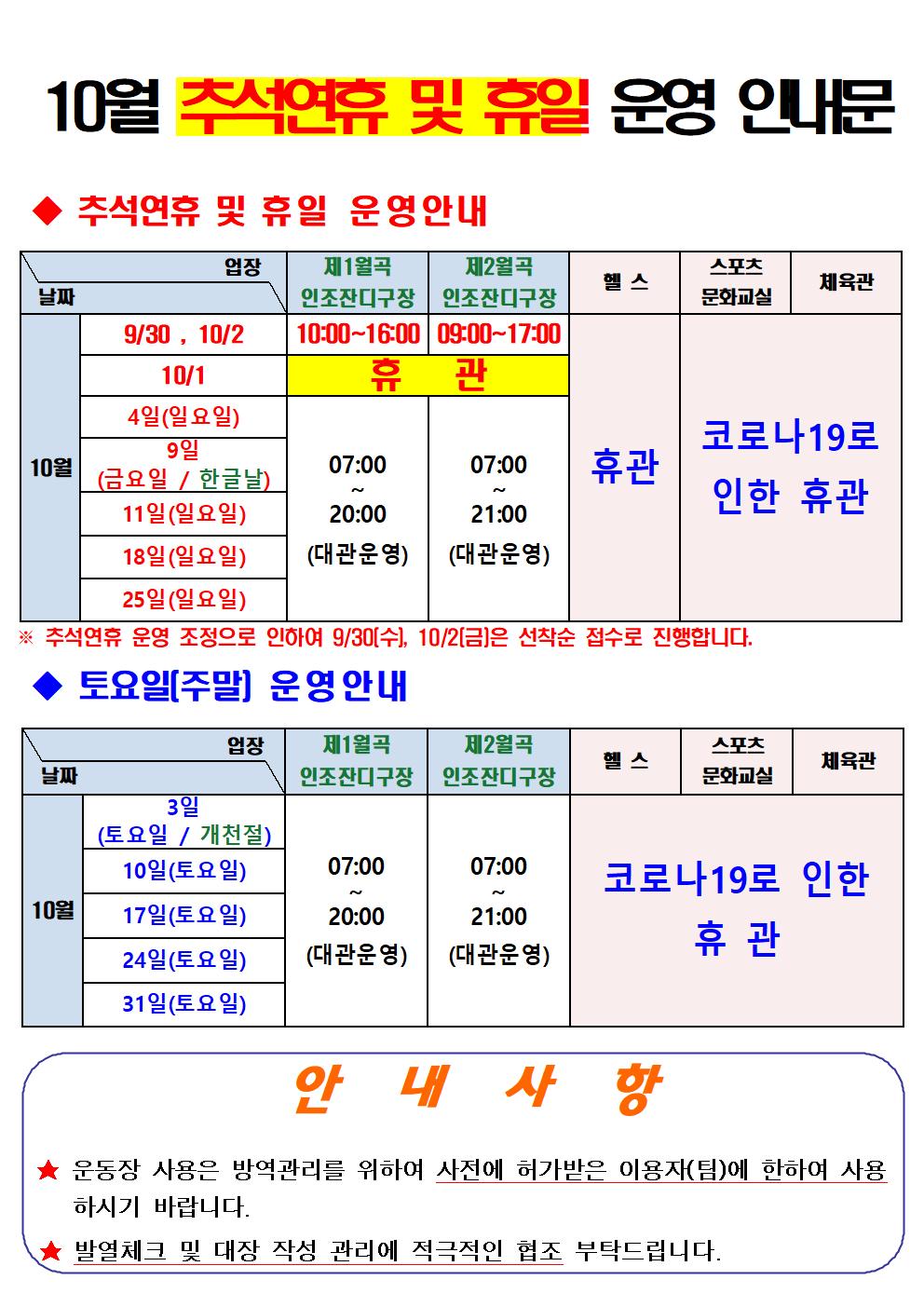 10월 추석연휴 및 휴일 운영 안내문
추석연휴 및 휴일 운영안내
10월 
-9.30,10.2 /제1월곡인조잔디구장10:00~16:00 /제2월곡인조잔디구장09:00~17:00 /헬스휴관 /스포츠문화교실,체육관 코로나19로인한휴관
-10.1 / 제1월곡인조잔디구장 휴관 /제2월곡인조잔디구장 휴관/헬스휴관 /스포츠문화교실,체육관 코로나19로인한휴관
-4일(일요일)/제1월곡인조잔디구장07:00~20:00(대관운영)/제2월곡인조잔디구장07:00~21:00(대관운영)/헬스휴관 /스포츠문화교실,체육관 코로나19로인한휴관
-9일(금요일/한글날)/제1월곡인조잔디구장07:00~20:00(대관운영)/제2월곡인조잔디구장07:00~21:00(대관운영)/헬스휴관 /스포츠문화교실,체육관 코로나19로인한휴관
-11일(일요일)/제1월곡인조잔디구장07:00~20:00(대관운영)/제2월곡인조잔디구장07:00~21:00(대관운영)/헬스휴관 /스포츠문화교실,체육관 코로나19로인한휴관
-18일(일요일)/제1월곡인조잔디구장07:00~20:00(대관운영)/제2월곡인조잔디구장07:00~21:00(대관운영)/헬스휴관 /스포츠문화교실,체육관 코로나19로인한휴관
-25일(일요일)/제1월곡인조잔디구장07:00~20:00(대관운영)/제2월곡인조잔디구장07:00~21:00(대관운영)/헬스휴관 /스포츠문화교실,체육관 코로나19로인한휴관
추석연휴 운영조정으로 인하여 9/30(수), 10/2(금)은 선착순 접수로 진행합니다.

토요일(주말) 운영안내
10월
-3일(토요일/개천절)/제1월곡인조잔디구장07:00~20:00(대관운영)/제2월곡인조잔디구장07:00~21:00(대관운영)/헬스,스포츠문화교실,체육관 코로나19로인한휴관
-10일(토요일)/제1월곡인조잔디구장07:00~20:00(대관운영)/제2월곡인조잔디구장07:00~21:00(대관운영)/헬스,스포츠문화교실,체육관 코로나19로인한휴관
-17일(토요일)/제1월곡인조잔디구장07:00~20:00(대관운영)/제2월곡인조잔디구장07:00~21:00(대관운영)/헬스,스포츠문화교실,체육관 코로나19로인한휴관
-24일(토요일)/제1월곡인조잔디구장07:00~20:00(대관운영)/제2월곡인조잔디구장07:00~21:00(대관운영)/헬스,스포츠문화교실,체육관 코로나19로인한휴관
-31일(토요일)/제1월곡인조잔디구장07:00~20:00(대관운영)/제2월곡인조잔디구장07:00~21:00(대관운영)/헬스,스포츠문화교실,체육관 코로나19로인한휴관
안내사항
운동장사용은 방역관리를 위하여 사전에 허가받은 이용자(팀)에 한하여 사용하시기 바랍니다.
발열체크 및 대장 작성 관리에 적극적인 협조 부탁드립니다.