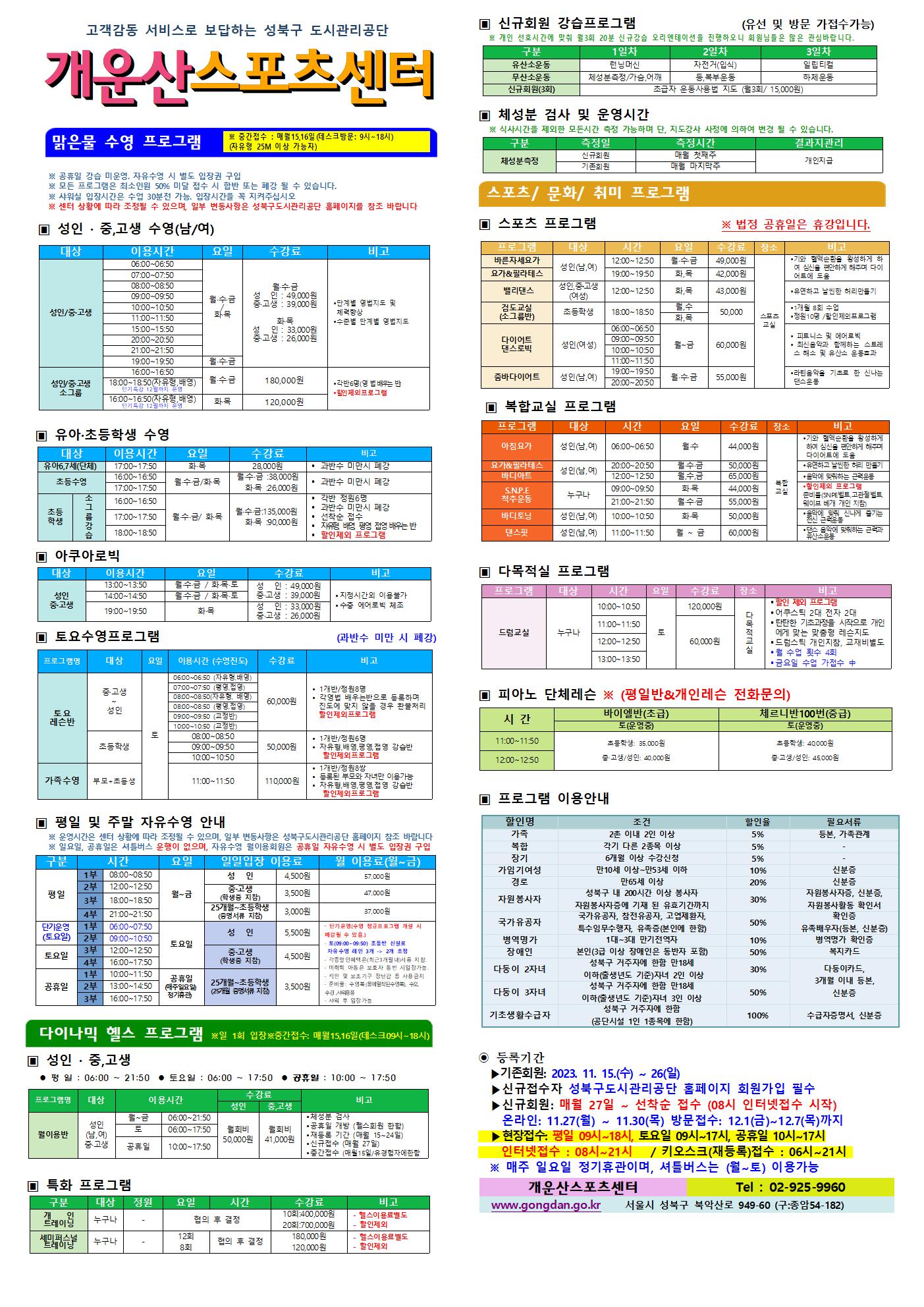 고객감동 서비스로 보답하는 성북구 도시관리공단
개운산스포츠 센터
※ 중간접수 : 매월15일,16일 (데스크방문: 9시~18시) (자유형 25M 이상 가능자) 

※ 공휴일 강습 미운영 / 공휴일 자유수영 시 별도 입장권 구입 
※ 모든 프로그램은 최소인원 50% 미달 접수 시 합반 또는 폐강 될 수 있습니다. 
※ 샤워실 입장시간은 수업 30분전 가능. 입장시간을 꼭 지켜주십시오
※ 센터 상황에 따라 조정될 수 있으며, 일부 변동사항은 성북구도시관리공단 홈페이지를 참조 바랍니다

▣ 성 인 · 중,고생 수영(남/여)
대상 | 이용시간 | 요일 | 수강료 | 비고
성 인/중·고생 | 06:00~06:50 | 월·수·금/화·목 | 월·수·금-성 인 : 49,000원,중·고생 : 39,000원 화·목-성 인 : 33,000원,중·고생 : 26,000원 | 단계별 영법지도 및 체력 향상, 수준별 단계별 영법지도 
성 인/중·고생 | 07:00~07:50 | 월·수·금/화·목 | 월·수·금-성 인 : 49,000원,중·고생 : 39,000원 화·목-성 인 : 33,000원,중·고생 : 26,000원 | 단계별 영법지도 및 체력 향상, 수준별 단계별 영법지도 
성 인/중·고생 | 08:00~08:50 | 월·수·금/화·목 | 월·수·금-성 인 : 49,000원,중·고생 : 39,000원 화·목-성 인 : 33,000원,중·고생 : 26,000원 | 단계별 영법지도 및 체력 향상, 수준별 단계별 영법지도 
성 인/중·고생 | 09:00~09:50 | 월·수·금/화·목 | 월·수·금-성 인 : 49,000원,중·고생 : 39,000원 화·목-성 인 : 33,000원,중·고생 : 26,000원 | 단계별 영법지도 및 체력 향상, 수준별 단계별 영법지도 
성 인/중·고생 | 10:00~10:50 | 월·수·금/화·목 | 월·수·금-성 인 : 49,000원,중·고생 : 39,000원 화·목-성 인 : 33,000원,중·고생 : 26,000원 | 단계별 영법지도 및 체력 향상, 수준별 단계별 영법지도 
성 인/중·고생 | 11:00~11:50 | 월·수·금/화·목 | 월·수·금-성 인 : 49,000원,중·고생 : 39,000원 화·목-성 인 : 33,000원,중·고생 : 26,000원 | 단계별 영법지도 및 체력 향상, 수준별 단계별 영법지도 
성 인/중·고생 | 15:00~15:50 | 월·수·금/화·목 | 월·수·금-성 인 : 49,000원,중·고생 : 39,000원 화·목-성 인 : 33,000원,중·고생 : 26,000원 | 단계별 영법지도 및 체력 향상, 수준별 단계별 영법지도 
성 인/중·고생 | 20:00~20:50 | 월·수·금/화·목 | 월·수·금-성 인 : 49,000원,중·고생 : 39,000원 화·목-성 인 : 33,000원,중·고생 : 26,000원 | 단계별 영법지도 및 체력 향상, 수준별 단계별 영법지도 
성 인/중·고생 | 21:00~21:50 | 월·수·금/화·목 | 월·수·금-성 인 : 49,000원,중·고생 : 39,000원 화·목-성 인 : 33,000원,중·고생 : 26,000원 | 단계별 영법지도 및 체력 향상, 수준별 단계별 영법지도 
성 인/중·고생 | 19:00~19:50 | 월·수·금 | 월·수·금-성 인 : 49,000원,중·고생 : 39,000원 | 단계별 영법지도 및 체력 향상, 수준별 단계별 영법지도 
성 인/중·고생 소그룹 | 16:00~16:50 | 월·수·금 | 180,000원 | 각반6명(영 배우는 반), 할인 제외 프로그램
성 인/중·고생 소그룹 | 18:00~18:50(자유형, 배영) - 단기특강 12월까지 운영 | 월·수·금 | 180,000원 | 각반6명(영 배우는 반), 할인 제외 프로그램
성 인/중·고생 소그룹 | 16:00~16:50(자유형, 배영) - 단기특강 12월까지 운영 | 화·목 | 120,000원 | 각반6명(영 배우는 반), 할인 제외 프로그램


▣ 유아·초등학생 수영
대상 | 이용시간 | 요일 | 수강료 | 비고
유아6,7세 | 17:00~17:50 | 화·목 | 28,000원 | 과반수 미만시 폐강
초등수영 | 16:00~16:50 | 월,수,금/화,목 | 월·수·금 : 38,000원,화·목 : 26,000원 | 과반수 미만시 폐강
초등수영 | 17:00~17:50 | 월,수,금/화,목 | 월·수·금 : 38,000원,화·목 : 26,000원 | 과반수 미만시 폐강
[소그룹 강습]초등학생 | 16:00~16:50 | 월,수,금/화,목  | 월·수·금 : 135,000원, 화·목 : 90,000원 | 각반 정원 6명,과반수 미만시 폐강,선착순 접수,자유형 배영 평영 접영 배우는반, 할인제외 프로그램
[소그룹 강습]초등학생 | 17:00~17:50 | 월,수,금/화,목  | 월·수·금 : 135,000원, 화·목 : 90,000원 | 각반 정원 6명,과반수 미만시 폐강,선착순 접수,자유형 배영 평영 접영 배우는반, 할인제외 프로그램
[소그룹 강습]초등학생 | 18:00~18:50 | 월,수,금/화,목  | 월·수·금 : 135,000원, 화·목 : 90,000원 | 각반 정원 6명,과반수 미만시 폐강,선착순 접수,자유형 배영 평영 접영 배우는반, 할인제외 프로그램
  
  
▣ 아쿠아로빅 
대상 | 이용시간 | 요일 | 수강료 | 비고
성 인/중·고생 | 13:00~13:50 | 월·수·금 / 화·목·토 | 성 인 : 49,000원,중·고생 : 39,000원 | 지정시간 외 이용불가,수중 에어로빅 체조
성 인/중·고생 | 14:00~14:50 | 월·수·금 / 화·목·토 | 성 인 : 49,000원,중·고생 : 39,000원 | 지정시간 외 이용불가,수중 에어로빅 체조
성 인/중·고생 | 19:00~19:50 | 화·목 | 성 인: 33,000원,중·고생: 26,000원 | 지정시간 외 이용불가,수중 에어로빅 체조
  

▣ 토요수영프로그램 (과반수 미만 시 폐강)
프로그램명 | 대상 | 요일 | 이용시간(수영진도) | 수강료 | 비고
토요 레슨반 | 중·고생~ 성 인 | 토 | 06:00~06:50(자유형, 배영) | 60,000원 | 1개반/정원8명,각영법 배우는반으로 등록하며 진도에 맞지 않을 경우 환불처리,할인 제외 프로그램
토요 레슨반 | 중·고생~ 성 인 | 토 | 07:00~07:50(평영, 접영) | 60,000원 | 1개반/정원8명,각영법 배우는반으로 등록하며 진도에 맞지 않을 경우 환불처리,할인 제외 프로그램
토요 레슨반 | 중·고생~ 성 인 | 토 | 08:00~08:50(자유형, 배영) | 60,000원 | 1개반/정원8명,각영법 배우는반으로 등록하며 진도에 맞지 않을 경우 환불처리,할인 제외 프로그램
토요 레슨반 | 중·고생~ 성 인 | 토 | 08:00~08:50(평영, 접영) | 60,000원 | 1개반/정원8명,각영법 배우는반으로 등록하며 진도에 맞지 않을 경우 환불처리,할인 제외 프로그램
토요 레슨반 | 중·고생~ 성 인 | 토 | 09:00~09:50(교정반) | 60,000원 | 1개반/정원8명,각영법 배우는반으로 등록하며 진도에 맞지 않을 경우 환불처리,할인 제외 프로그램
토요 레슨반 | 중·고생~ 성 인 | 토 | 10:00~10:50(교정반) | 60,000원 | 1개반/정원8명,각영법 배우는반으로 등록하며 진도에 맞지 않을 경우 환불처리,할인 제외 프로그램
토요 레슨반 | 초등학생 | 토 | 08:00~08:50 | 50,000원 | 1개반/정원6명,자유형,배영,평영,접영 강습반,할인 제외 프로그램
토요 레슨반 | 초등학생 | 토 | 09:00~09:50 | 50,000원 | 1개반/정원6명,자유형,배영,평영,접영 강습반,할인 제외 프로그램
토요 레슨반 | 초등학생 | 토 | 10:00~10:50 | 50,000원 | 1개반/정원6명,자유형,배영,평영,접영 강습반,할인 제외 프로그램
가족수영 | 부모 + 초등생 | 토 | 11:00~11:50 | 110,000원 | 1개반/정원8쌍,등록된 부모와 자녀만 이용가능,자유형,배영,평영,접영 강습반,할인 제외 프로그램

  
▣ 평일 및 주말 자유수영 안내
※ 운영시간은 센터 상황에 따라 조정될 수 있으며, 일부 변동사항은 성북구도시관리공단 홈페이지 참조 바랍니다
※ 일요일, 공휴일은 셔틀버스 운행이 없으며, 자유수영 월이용회원은 공휴일 자유수영 시 별도 입장권 구입
구분 | 시간 | 요일 | 일일입장 이용료 | 월 이용료(월~금)
평일 | 1부 | 08:00~08:50 | 월~금 | 성 인:4,500원,중·고생(학생증 지참):3,500원,25개월~초등학생(증명서류 지참):3,000원 | 성 인:57,000원,중·고생(학생증 지참):47,000원,25개월~초등학생(증명서류 지참):37,000원
평일 | 2부 | 12:00~12:50 | 월~금 | 성 인:4,500원,중·고생(학생증 지참):3,500원,25개월~초등학생(증명서류 지참):3,000원 | 성 인:57,000원,중·고생(학생증 지참):47,000원,25개월~초등학생(증명서류 지참):37,000원
평일 | 3부 | 18:00~18:50 | 월~금 | 성 인:4,500원,중·고생(학생증 지참):3,500원,25개월~초등학생(증명서류 지참):3,000원 | 성 인:57,000원,중·고생(학생증 지참):47,000원,25개월~초등학생(증명서류 지참):37,000원
평일 | 4부 | 21:00~21:50 | 월~금 | 성 인:4,500원,중·고생(학생증 지참):3,500원,25개월~초등학생(증명서류 지참):3,000원 | 성 인:57,000원,중·고생(학생증 지참):47,000원,25개월~초등학생(증명서류 지참):37,000원
단기운영(토요일) | 1부 | 6:00~7:50 | 토요일 | 성 인:5,500원,중·고생(학생증 지참):4,500원,25개월~초등학생(증명서류 지참):3,500원 | · 단기운영(수영 정규프로그램 개설 시 폐강될 수 있음), · 토(09:00~09:30) 초등반 신설로 자유수영 레인 3개 → 2개 조정 , · 각종할인혜택은등본(최근3개월이내)서류지참,· 미취학 아동은 보호자 동반 시 입장가능, · 킥판 및 보조 기구 장난감등 사용금지,· 준비물:수영복(몸에 밀착된 수영복),수모, 수경 샤워용품, · 샤워 후 입장가능
단기운영(토요일) | 2부 | 09:00~10:50 | 토요일 | 성 인:5,500원,중·고생(학생증 지참):4,500원,25개월~초등학생(증명서류 지참):3,500원 | · 단기운영(수영 정규프로그램 개설 시 폐강될 수 있음), · 토(09:00~09:30) 초등반 신설로 자유수영 레인 3개 → 2개 조정 , · 각종할인혜택은등본(최근3개월이내)서류지참,· 미취학 아동은 보호자 동반 시 입장가능, · 킥판 및 보조 기구 장난감등 사용금지,· 준비물:수영복(몸에 밀착된 수영복),수모, 수경 샤워용품, · 샤워 후 입장가능
토요일 | 3부 | 12:00~12:50 | 토요일 | 성 인:5,500원,중·고생(학생증 지참):4,500원,25개월~초등학생(증명서류 지참):3,500원 | · 단기운영(수영 정규프로그램 개설 시 폐강될 수 있음), · 토(09:00~09:30) 초등반 신설로 자유수영 레인 3개 → 2개 조정 , · 각종할인혜택은등본(최근3개월이내)서류지참,· 미취학 아동은 보호자 동반 시 입장가능, · 킥판 및 보조 기구 장난감등 사용금지,· 준비물:수영복(몸에 밀착된 수영복),수모, 수경 샤워용품, · 샤워 후 입장가능
토요일 | 4부 | 16:00~17:50 | 토요일 | 성 인:5,500원,중·고생(학생증 지참):4,500원,25개월~초등학생(증명서류 지참):3,500원 | · 단기운영(수영 정규프로그램 개설 시 폐강될 수 있음), · 토(09:00~09:30) 초등반 신설로 자유수영 레인 3개 → 2개 조정 , · 각종할인혜택은등본(최근3개월이내)서류지참,· 미취학 아동은 보호자 동반 시 입장가능, · 킥판 및 보조 기구 장난감등 사용금지,· 준비물:수영복(몸에 밀착된 수영복),수모, 수경 샤워용품, · 샤워 후 입장가능
공휴일 | 1부 | 10:00~11:50 | 공휴일(매주 일요일 정기휴관) | 성 인:5,500원,중·고생(학생증 지참):4,500원,25개월~초등학생(증명서류 지참):3,500원 | · 단기운영(수영 정규프로그램 개설 시 폐강될 수 있음), · 토(09:00~09:30) 초등반 신설로 자유수영 레인 3개 → 2개 조정 , · 각종할인혜택은등본(최근3개월이내)서류지참,· 미취학 아동은 보호자 동반 시 입장가능, · 킥판 및 보조 기구 장난감등 사용금지,· 준비물:수영복(몸에 밀착된 수영복),수모, 수경 샤워용품, · 샤워 후 입장가능
공휴일 | 2부 | 13:00~14:50 | 공휴일(매주 일요일 정기휴관) | 성 인:5,500원,중·고생(학생증 지참):4,500원,25개월~초등학생(증명서류 지참):3,500원 | · 단기운영(수영 정규프로그램 개설 시 폐강될 수 있음), · 토(09:00~09:30) 초등반 신설로 자유수영 레인 3개 → 2개 조정 , · 각종할인혜택은등본(최근3개월이내)서류지참,· 미취학 아동은 보호자 동반 시 입장가능, · 킥판 및 보조 기구 장난감등 사용금지,· 준비물:수영복(몸에 밀착된 수영복),수모, 수경 샤워용품, · 샤워 후 입장가능
공휴일 | 3부 | 16:00~17:50 | 공휴일(매주 일요일 정기휴관) | 성 인:5,500원,중·고생(학생증 지참):4,500원,25개월~초등학생(증명서류 지참):3,500원 | · 단기운영(수영 정규프로그램 개설 시 폐강될 수 있음), · 토(09:00~09:30) 초등반 신설로 자유수영 레인 3개 → 2개 조정 , · 각종할인혜택은등본(최근3개월이내)서류지참,· 미취학 아동은 보호자 동반 시 입장가능, · 킥판 및 보조 기구 장난감등 사용금지,· 준비물:수영복(몸에 밀착된 수영복),수모, 수경 샤워용품, · 샤워 후 입장가능


다이나믹 헬스 프로그램 ※일 1회 입장 ※중간접수 : 매월15일,16일(데스크09시~18시)
▣ 성 인 · 중,고생 
 평 일 : 06:00 ~ 21:50  토요일 : 06:00 ~ 17:50  공휴일 : 10:00 ~ 17:50 
프로그램명 | 대상 | 이용시간 |  | 수강료(성 인) | 수강료(중,고생) | 비고
월이용반 | 성 인(남,여)/중·고생 | 월~금 | 06:00~21:50 | 월회비:50,000원 | 월회비:41,000원 | ● 체성분 검사 , ● 공휴일 개방 (헬스회원 한함) , ● 재등록 기간 (매월 15~24일) , ● 신규접수 (매월 27일) , ● 중간접수 (매월15일/유경험자에한함)
월이용반 | 성 인(남,여)/중·고생 | 토 | 06:00~17:50 | 월회비:50,000원 | 월회비:41,000원 | ● 체성분 검사 , ● 공휴일 개방 (헬스회원 한함) , ● 재등록 기간 (매월 15~24일) , ● 신규접수 (매월 27일) , ● 중간접수 (매월15일/유경험자에한함)
월이용반 | 성 인(남,여)/중·고생 | 공휴일 | 10:00~17:50 | 월회비:50,000원 | 월회비:41,000원 | ● 체성분 검사 , ● 공휴일 개방 (헬스회원 한함) , ● 재등록 기간 (매월 15~24일) , ● 신규접수 (매월 27일) , ● 중간접수 (매월15일/유경험자에한함)

  
▣ 특화 프로그램
구분 | 대상 | 정원 | 요일  | 시간 | 수강료 | 비고
개인 트레이닝 | 누구나 | - | 협의 후 결정 | 협의 후 결정 | 10회:400,000원 / 20회:700,000원 | - 헬스이용료별도,- 할인제외
세미퍼스널트레이닝 | 누구나 | - | 12회 / 8회 | 협의 후 결정 | 180,000원 / 120,000원 | - 헬스이용료별도,- 할인제외

  
▣ 신규회원 강습프로그램 (유선 및 방문 가접수가능)
※ 개인 선호시간에 맞춰 월3회 20분 신규강습 오리엔테이션을 진행하오니 회원님들은 많은 관심바랍니다.
구분 | 1일차 | 2일차 | 3일차 
유산소운동 | 런닝머신 | 자전거(입식) | 일립티컬
무산소운동 | 체성분 측정 / 가슴,어깨 | 등, 복부운동 | 하체운동
신규회원(3회) |초급자 운동사용법 지도 (월3회/ 15,000원)
  
  
▣ 체성분 검사 및 운영시간
※ 식사시간을 제외한 모든시간 측정 가능하며 단, 지도강사 사정에 의하여 변경 될 수 있습니다. 
구분 | 측정일 | 측정시간 | 결과지관리
체성분측정 | 신규회원 | 매월 첫째주 | 개인지급
체성분측정 | 기존회원 | 매월 마지막주 | 개인지급



스포츠/문화/취미 프로그램 
▣ 스포츠 프로그램 ※ 법정 공휴일은 휴강입니다.
프로그램 | 대상 | 시간 | 요일 | 수강료 | 장소 | 비고
바른자세요가 | 성 인(남,여) | 12:00~12:50 | 월·수·금 | 49,000원 |  | ● 기와 혈액순환을 왕성하게 하여 심신을 편안하게 해주며 다이어트에 도움
요가&필라테스 | 성 인(남,여) | 19:00~19:50 | 화·목 | 42,000원 |  | ● 기와 혈액순환을 왕성하게 하여 심신을 편안하게 해주며 다이어트에 도움
밸리댄스 | 성 인,중고생 (여성) | 12:00~12:50 | 화·목 | 43,000원 |  |  ● 유연하고 날씬한 허리만들기 
검도교실(소그룹반) | 초등학생 | 18:00~18:50 | 월·수 / 화·목 | 50,000원 |  | ● 1개월 8회 수업  ● 정원10명 / 할인제외프로그램
다이어트 댄스로빅 | 성 인(여성) | 06:00~06:50, 09:00~09:50, 10:00~10:50, 11:00~11:50 | 월~금 | 60,000원 | 스포츠교실 | ● 피트니스 및 에어로빅  ● 최신음악과 함께하는 스트레스 해소 및 유산소 운동효과
줌바다이어트 | 성인(남,여) | 19:00~19:50, 20:00~20:50 | 월·수·금 | 55,000원 | 스포츠교실 | ● 라틴음악을 기초로 한 신나는 댄스운동


  
▣ 복합교실 프로그램
프로그램 | 대상 | 시간 | 요일 | 수강료 | 장소 | 비고
아침요가 | 성 인(남,여) | 06:00~06:50 | 월·수 | 44,000원 | 복합교실 | 기와 혈액순환을 왕성하게 하여 심신을 편안하게 해주며 다이어트에 도움
요가&필라테스 | 성 인(남,여) | 20:00~20:50 | 월·수·금 | 50,000원 | 복합교실 | 유연하고 날씬한 허리 만들기
바디아트 | 성 인(남,여) | 12:00~12:50 | 월·수·금 | 65,000원 | 복합교실 | 음악에 맞춰하는 근력운동
S.N.P.E 척추운동 | 누구나 | 09:00~09:50 | 화·목 | 44,000원 | 복합교실 | 할인제외 프로그램, 준비물(SNPE벨트, 고관절벨트, 웨이브 배개 개인 지참)
S.N.P.E 척추운동 | 누구나 | 21:00~21:50 | 월·수·금 | 55,000원 | 복합교실 | 할인제외 프로그램, 준비물(SNPE벨트, 고관절벨트, 웨이브 배개 개인 지참)
바디토닝 | 성 인(남,여) | 10:00~10:50 | 화·목 | 50,000원 | 복합교실 | 음악에 맞춰하는 신나게 즐기는 전신 근력운동
댄스핏 | 성 인(남,여) | 11:00~11:50 | 월~금 | 60,000원 | 복합교실 | 댄스 음악에 맞춰하는 근력과 유산소운동



▣ 다목적실 프로그램 
프로그램 | 대상 | 시간 | 요일 | 수강료 | 장소 | 비고
드럼교실 | 누구나 | 10:00~10:50 | 토 | 120,000원 | 다목적 교실 | ● 할인 제외 프로그램 , ● 어쿠스틱 2대 전자 2대  , ● 탄탄한 기초과정을 시작으로 개인에게 맞는 맞춤형 레슨지도 , ● 드럼스틱 개인지참, 교재비별도 , ● 월 수업 횟수 4회 ●금요일 수업 가접수 中 
드럼교실 | 누구나 | 11:00~11:50 | 토 | 60,000원 | 다목적 교실 | ● 할인 제외 프로그램 , ● 어쿠스틱 2대 전자 2대  , ● 탄탄한 기초과정을 시작으로 개인에게 맞는 맞춤형 레슨지도 , ● 드럼스틱 개인지참, 교재비별도 , ● 월 수업 횟수 4회 ●금요일 수업 가접수 中 
드럼교실 | 누구나 | 12:00~12:50 | 토 | 60,000원 | 다목적 교실 | ● 할인 제외 프로그램 , ● 어쿠스틱 2대 전자 2대  , ● 탄탄한 기초과정을 시작으로 개인에게 맞는 맞춤형 레슨지도 , ● 드럼스틱 개인지참, 교재비별도 , ● 월 수업 횟수 4회 ●금요일 수업 가접수 中 
드럼교실 | 누구나 | 13:00~13:50 | 토 | 60,000원 | 다목적 교실 | ● 할인 제외 프로그램 , ● 어쿠스틱 2대 전자 2대  , ● 탄탄한 기초과정을 시작으로 개인에게 맞는 맞춤형 레슨지도 , ● 드럼스틱 개인지참, 교재비별도 , ● 월 수업 횟수 4회 ●금요일 수업 가접수 中 

  

▣ 피아노 단체레슨 ※ (평일반&개인레슨 전화문의)
시 간  | 바이엘반(초급) 토(운영중) | 체르니반100번(중급) 토(운영중) 
11:00~11:50 | 초등학생:35,000원 , 청소년/성 인:40,000원 | 초등학생:40,000원 ,청소년/성 인:45,000원
12:00~12:50 | 초등학생:35,000원 , 청소년/성 인:40,000원 | 초등학생:40,000원 ,청소년/성 인:45,000원



▣ 프로그램 이용안내 
할인명 | 조건 | 할인율 | 필요서류
가족 | 2촌 이내 2인 이상 | 5% | 등본, 가족관계
복합 | 각기 다른 2종목 이상 | 5% | -
장기 | 6개월 이상 수강신청 | 5% | -
가임기여성 | 만10세 이상~만53세 이하 | 10% | 신분증
경로 | 만65세 이상 | 20% | 신분증
자원봉사자 | 성북구 내 200시간 이상 봉사자 자원봉사자증에 기재 된 유효기간까지 | 30% | 자원봉사자증, 신분증, 자원봉사활동 확인서
국가유공자 | 국가유공자, 참전유공자, 고엽제환자, 특수임무수행자, 유족증(본인에 한함) | 50% | 확인증,유족배우자(등본, 신분증)
병역명가 | 1대~3대 만기전역자 | 10% | 병역명가 확인증
장애인 | 본인(3급 이상 장애인은 동반자 포함) | 50% | 복지카드
다둥이 2자녀 | 성북구 거주자에 한함 만 18세 이하(출생년도 기준)자녀 2인 이상 | 30% | 다둥이카드, 3개월 이내 등본, 신분증
다둥이 3자녀 | 성북구 거주자에 한함 만 18세 이하(출생년도 기준)자녀 3인 이상 | 50% | 다둥이카드, 3개월 이내 등본, 신분증
기초생활수급자 | 성북구 거주자에 한함(공단시설 1인 1종목에 한함) | 100% | 수급자증명서, 신분증

◉ 등록기간
  ▶기존회원: 2023.11.15.(수) ~ 26(일)
  ▶신규 접수자  성북구도시관리공단 홈페이지 회원가입 필수
  ▶신규회원: 매월27일 ~ 선착순 접수 (08시 인터넷접수 시작)
    온라인: 11.27.(월) ~ 11.30(목) / 방문접수 : 12.1(금) ~ 12.7(목)까지
  ▶현장접수 : 평일 09시~18시, 토요일 09시~17시, 공휴일 10시~17시 ,
    인터넷접수 : 08시~21시/키오스크(재등록)접수 : 06시~21시
  ※매주 일요일 정기휴관이며, 셔틀버스는 (월~토) 이용가능

개운산스포츠센터(Tel : 02-925-9960)
www.gongdan.go.kr 서울시 성북구 북악산로 949-61(구:종암54-182)