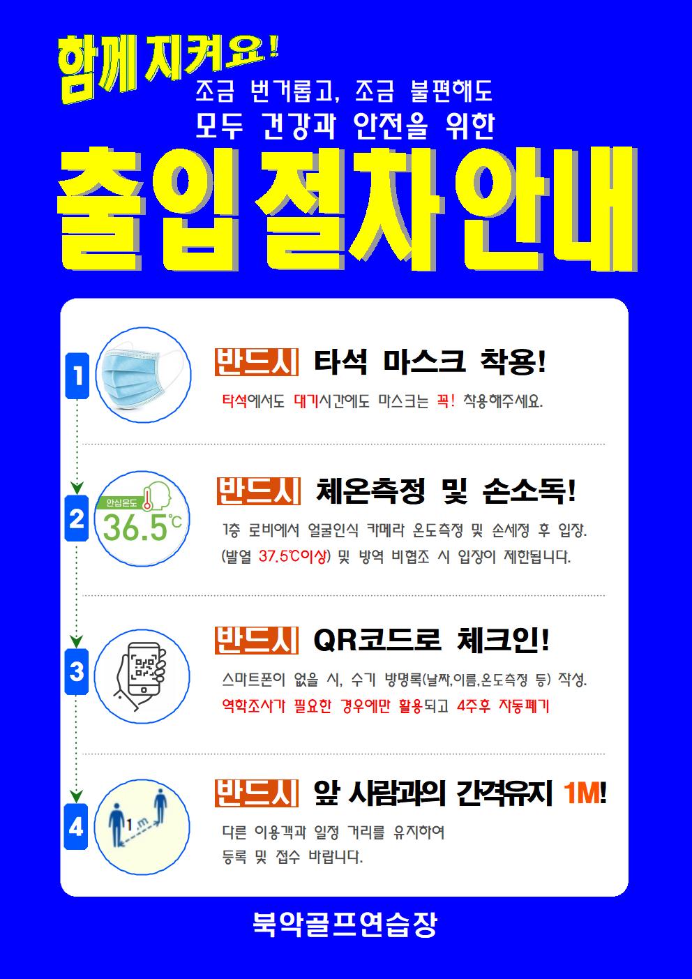 함께지켜요! 조금 번거롭고, 조금 불편해도 모두 건강과 안전을 위한
출입 절차 안내
1. 반드시 타석 마스크 착용! 타석에서도 대기시간에도 마스크는 꼭! 착용해주세요.
2. 반드시 체온측정 및 손소독! 1층 로비에서 얼굴인식 카메라 온도측정 및 손세정 후 입장.(발열 37.5℃이상) 및 방역 비협조 시 입장이 제한됩니다.
3. 반드시 QR코드로 체크인! 스마트폰이 없을 시, 수기 방명록(날짜,이름,온도측정 등) 작성. 역학조사가 필요한 경우에만 활용되고 4주후 자동폐기
4. 반드시 앞 사람과의 간격유지 1M! 다른 이용객과 일정 거리를 유지하여 등록 및 접수 바랍니다.
북악골프연습장