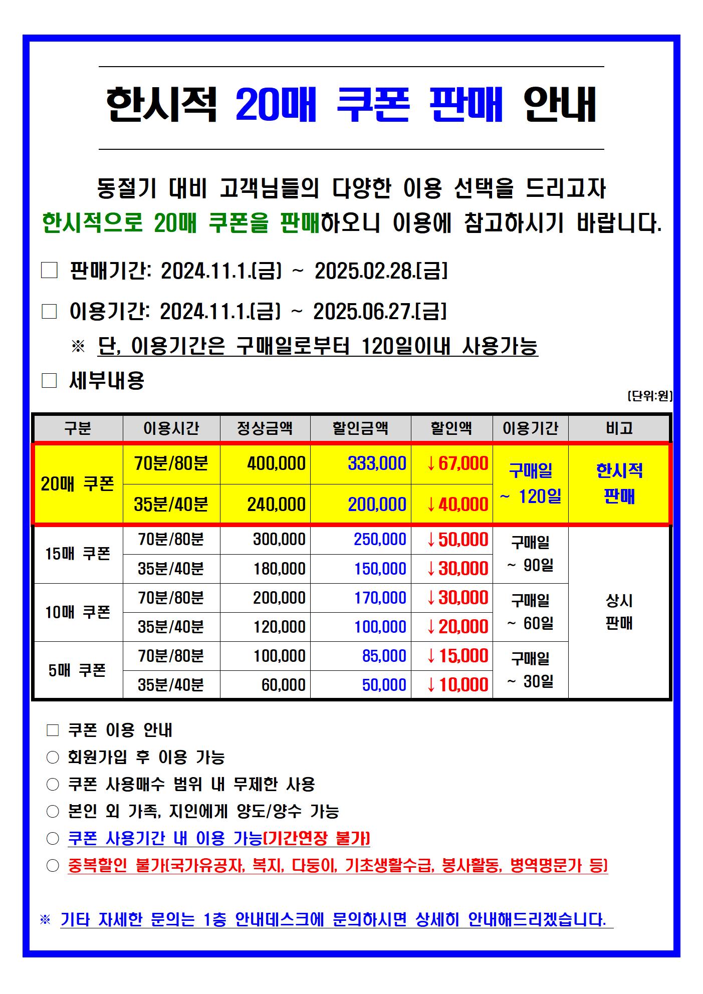 2024년 동절기 한시적 쿠폰(20매) 판매 안내 데이터