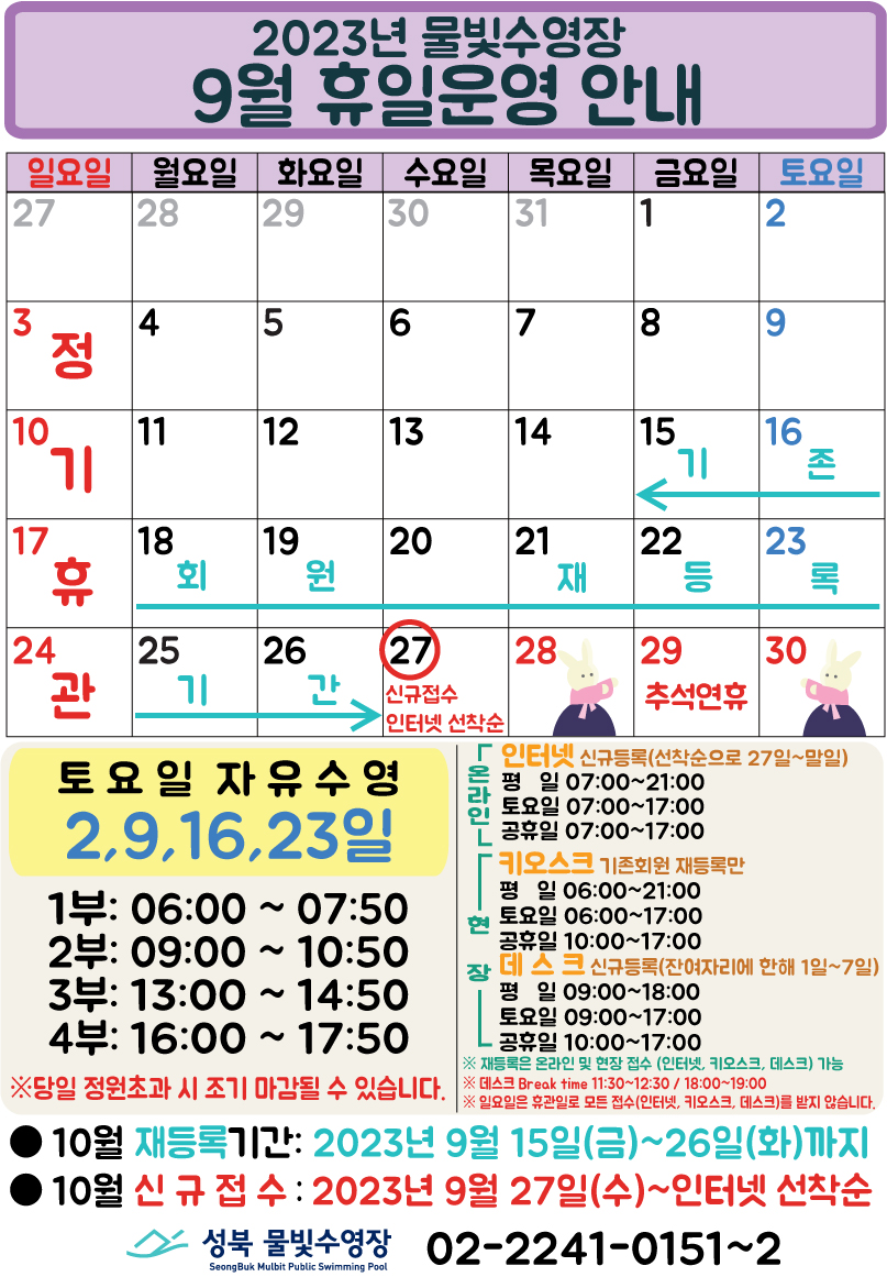  2023년 물빛수영장
  9월 휴일운영 안내
  일요일 | 월요일 | 화요일 | 수요일 | 목요일 | 금요일 | 토요일
  - | - | - | - | - | 1 | 2
  3 정기 휴관 | 4 | 5 | 6 | 7 | 8 | 9
  10 정기 휴관 | 11 | 12 | 13 | 14 | 15 (기존회원 재등록 :15일~26일) | 16 (기존회원 재등록 :15일~26일)
  17 정기 휴관 | 18 (기존회원 재등록 :15일~26일) | 19 (기존회원 재등록 :15일~26일) | 20 (기존회원 재등록 :15일~26일) | 21 (기존회원 재등록 :15일~26일) | 22 (기존회원 재등록 :15일~26일) | 23 (기존회원 재등록 :15일~26일)
  24 정기 휴관 | 25 (기존회원 재등록 :15일~26일) | 26 (기존회원 재등록 :15일~26일) | 27 (신규접수 인터넷 선착순) | 28 추석연휴 | 29  추석연휴 | 30 추석연휴


  토요일 자유수영 - 2,9,16,23일  1부: 06:00~07:50, 2부: 09:00~10:50, 3부: 13:00~14:50, 4부: 16:00~17:50
  ※ 당일 정원초과시 조기 마감될 수 있습니다.

  온라인(인터넷 신규등록: 선착순으로 27일~말일) 평일 07:00 ~ 21:00, 토요일 07:00 ~ 17:00, 공휴일 07:00 ~ 17:00 
  현장(키오스크 : 기존회원 재등록만) - 평일 06:00 ~ 21:00, 토요일 06:00 ~ 17:00, 공휴일 10:00 ~ 17:00 
  현장(데스크 신규등록 : 잔여자리에 한해 1일~7일) - 평일 09:00 ~ 18:00, 토요일 09:00 ~ 17:00, 공휴일 10:00 ~ 17:00 
  ※ 재등록은 온라인 및 현장 접수 (인터넷, 키오스크, 데스크) 가능.
  ※ 데스크 Break time 11:30~12:30, 18:00~19:00.
  ※ 일요일은 휴관일로 모든 접수(인터넷, 키오스크, 데스크)를 받지 않습니다.


  ■ 10월 재등록 기간 : 2023년 9월15일(금)~26일(화)까지
  ■ 10월 신규접수 : 2023년 9월 27일(수)~인터넷 선착순

  성북물빛수영장 SeongBuk Mulbit Public Swimming Pool 02)2241-0151~2