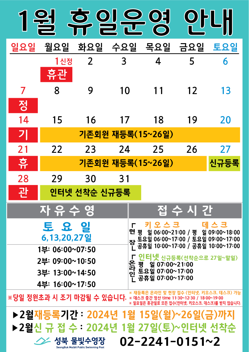 1월 휴일운영 안내
  일요일 | 월요일 | 화요일 | 수요일 | 목요일 | 금요일 | 토요일
  - | 1 신정 휴관 | 2 | 3 | 4 | 5 | 6
  7 정기 휴관 | 8 | 9 | 10 | 11 | 12 | 13
  14 정기 휴관 | 15 (기존회원 재등록 :15일~26일) | 16 (기존회원 재등록 :15일~26일) | 17 (기존회원 재등록 :15일~26일) | 18 (기존회원 재등록 :15일~26일) | 19 (기존회원 재등록 :15일~26일) | 20 (기존회원 재등록 :15일~26일)
  21 정기 휴관 | 22 (기존회원 재등록 :15일~26일) | 23 (기존회원 재등록 :15일~26일) | 24 (기존회원 재등록 :15일~26일) | 25 (기존회원 재등록 :15일~26일) | 26 (기존회원 재등록 :15일~26일) | 27 (신규등록 인터넷 선착순 신규등록)
  28 정기 휴관 | 29 (신규등록 인터넷 선착순 신규등록) | 30 (신규등록 인터넷 선착순 신규등록) | 31 (신규등록 인터넷 선착순 신규등록) | - | - | -

  자유수영 : 토요일 (6,13,20,27일) - 1부: 06:00~07:50, 2부: 09:00~10:50, 3부: 13:00~14:50, 4부: 16:00~17:50
  접수시간 : 현장(키오스크) - 평일 06:00 ~ 21:00, 토요일 06:00 ~ 17:00, 공휴일 10:00 ~ 17:00 / 현장(데스크) - 평일 09:00 ~ 18:00, 토요일 09:00 ~ 17:00, 공휴일 10:00 ~ 17:00 / 온라인(인터넷 신규등록: 선착순으로 27일~말일) 평일 07:00 ~ 21:00, 토요일 07:00 ~ 17:00, 공휴일 07:00 ~ 17:00
  ※ 당일 정원초과시 조기 마감될 수 있습니다.
  ※ 재등록은 온라인 및 현장 접수 (인터넷, 키오스크, 데스크) 가능.
  ※ 데스크 중간 정산 time 11:30~12:30, 18:00~19:00.
  ※ 일요일은 휴관일로 모든 접수(인터넷, 키오스크, 데스크)를 받지 않습니다.


  ■ 2월 재등록기간: 2024년 1월15일(월)~26일(금)까지
  ■ 2월 신규접수 SeongBuk Mulbit Public Swimming Pool : 2024년 1월 27일(토)~인터넷 선착순

  성북물빛수영장 02)2241-0151~2