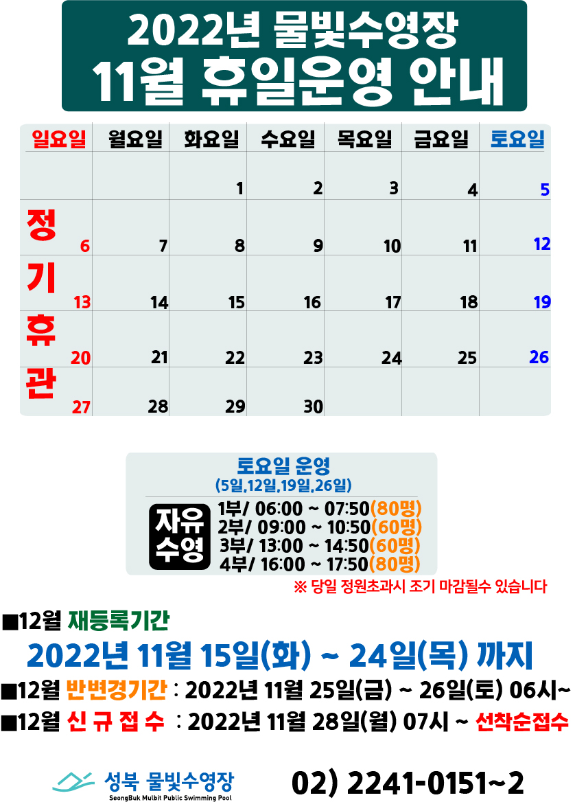 2022년 물빛수영장 11월 휴일 운영안내
11월 6일(일요일),13일(일요일),20일(일요일),27일(일요일) | 정기휴관

토요일 운영(5일,12일,19일,26일)
자유수영/ 1부 06:00 ~ 07:50(80명)
 , 2부 09:00 ~ 10:50(60명)
 , 3부 13:00 ~ 14:50(60명)
 , 4부 16:00 ~ 17:50(80명)
 ※당일 정원초과시 조기 마감될수 있습니다

■12월 재등록기간
2022년 11월 15일(화) ~ 24일(목)
■12월 반변경기간 : 2022년 11월 25일(금) ~ 26일(토) 06시~
■12월 신규접수 : 2022년 11월 28일(월) 07시~ 선착순접수

성북물빛수영장 02) 2241-0151~2