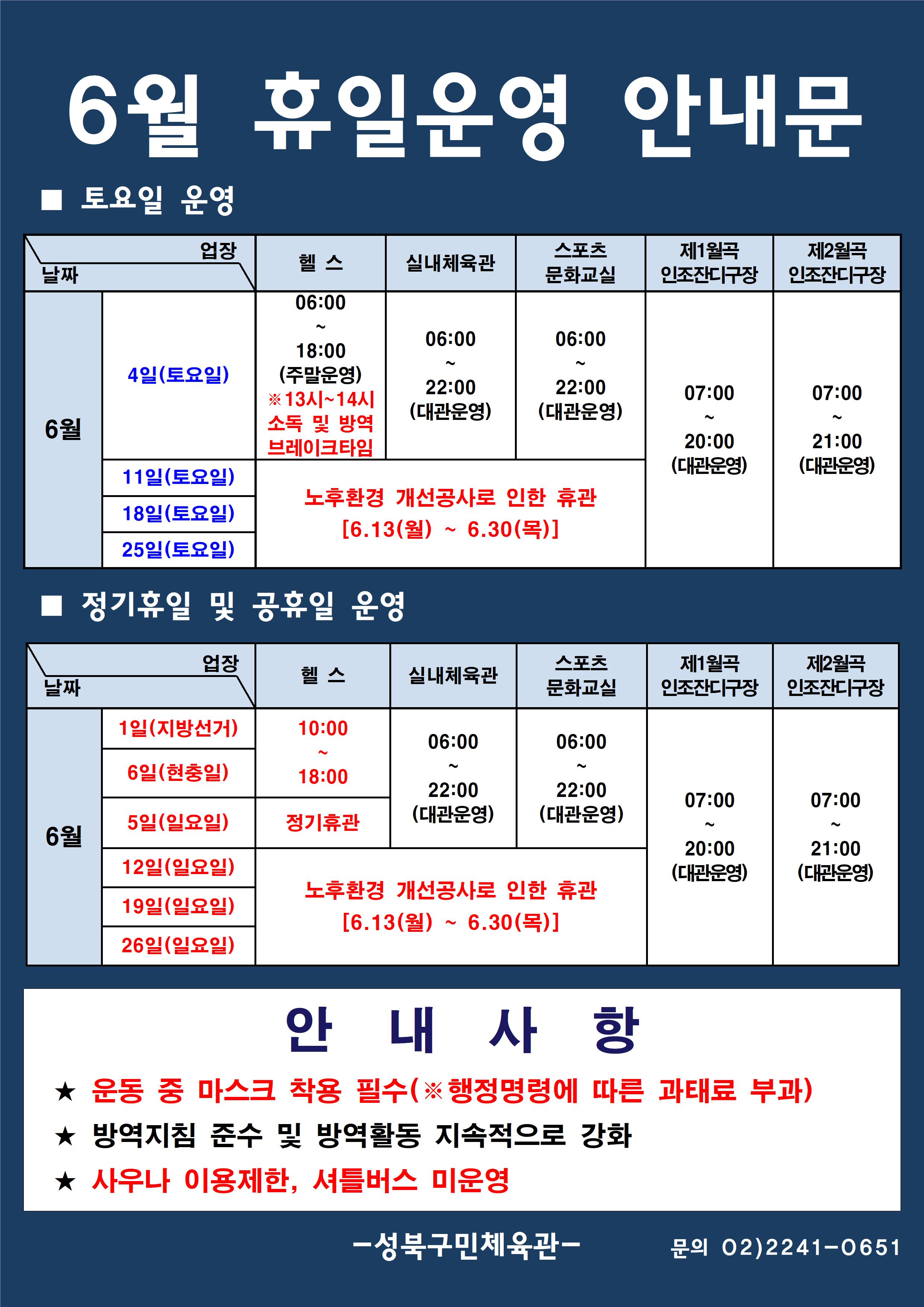 6월 휴일운영 안내문
■ 토요일 운영
헬스 | 6월 4일(토요일) | 06:00 ~ 18:00 (주말운영) 13시~14시 소독 및 방역 브레이크 타임
헬스,실내체육관,스포츠문화교실 | 6월 11일(토요일),18일(토요일),25일(토요일) | 노후환경 개선공사로 인한 휴관 6.13(월)~6.30(목)
실내체육관 | 6월 4일(토요일) | 06:00~22:00 (대관운영)
스포츠문화교실 | 6월 4일(토요일) | 06:00~22:00 (대관운영)
제1월곡 인조잔디구장 | 6월 4일(토요일),11일(토요일),18일(토요일),25일(토요일) |  07:00 ~ 20:00 (대관운영)
제2월곡 인조잔디구장 | 6월 4일(토요일),11일(토요일),18일(토요일),25일(토요일) |  07:00 ~ 21:00 (대관운영)

■ 일요일 운영
헬스 | 6월 1일(지방선거),6일(현충일) | 10:00~18:00
헬스 | 6월 5일(일요일) | 정기휴관
헬스,실내체육관,스포츠문화교실 | 6월 12일(일요일),19일(일요일),26일(일요일) | 노후환경 개선공사로 인한 휴관 6.13(월)~6.30(목)
실내체육관,스포츠문화교실 | 6월 1일(지방선거),6일(현충일),5일(일요일)  | 06:00~22:00 (대관운영) 
제1월곡인조잔디구장 | 6월 1일(지방선거),6일(현충일),5일(일요일),12일(일요일),19일(일요일),26일(일요일)  | 07:00~20:00 (대관운영) 
제2월곡인조잔디구장 | 6월 1일(지방선거),6일(현충일),5일(일요일),12일(일요일),19일(일요일),26일(일요일)  | 07:00~21:00 (대관운영) 


안 내 사 항 
★ 운동 중 마스크 착용 필수(※ 행정명령에 따른 과태료 부과)
★ 방역지침 준수 및 방역활동 지속적으로 강화 
★ 사우나 이용제한,셔틀버스 미운영

- 성북구민체육센터 -
문의 02)2241-0651