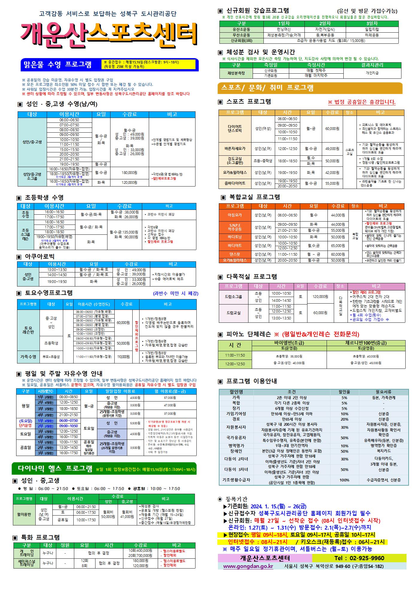 고객감동 서비스로 보답하는 성북구 도시관리공단
개운산스포츠 센터
※ 중간접수 : 매월15일,16일 (데스크방문: 9시~18시) (자유형 25M 이상 가능자) 

※ 공휴일 강습 미운영 / 공휴일 자유수영 시 별도 입장권 구입 
※ 모든 프로그램은 최소인원 50% 미달 접수 시 합반 또는 폐강 될 수 있습니다. 
※ 샤워실 입장시간은 수업 30분전 가능. 입장시간을 꼭 지켜주십시오
※ 센터 상황에 따라 조정될 수 있으며, 일부 변동사항은 성북구도시관리공단 홈페이지를 참조 바랍니다

▣ 성 인 · 중,고생 수영(남/여)
대상 | 이용시간 | 요일 | 수강료 | 비고
성 인/중·고생 | 06:00~06:50 | 월·수·금/화·목 | 월·수·금-성 인 : 49,000원,중·고생 : 39,000원 화·목-성 인 : 33,000원,중·고생 : 26,000원 | 단계별 영법지도 및 체력 향상, 수준별 단계별 영법지도 
성 인/중·고생 | 07:00~07:50 | 월·수·금/화·목 | 월·수·금-성 인 : 49,000원,중·고생 : 39,000원 화·목-성 인 : 33,000원,중·고생 : 26,000원 | 단계별 영법지도 및 체력 향상, 수준별 단계별 영법지도 
성 인/중·고생 | 08:00~08:50 | 월·수·금/화·목 | 월·수·금-성 인 : 49,000원,중·고생 : 39,000원 화·목-성 인 : 33,000원,중·고생 : 26,000원 | 단계별 영법지도 및 체력 향상, 수준별 단계별 영법지도 
성 인/중·고생 | 09:00~09:50 | 월·수·금/화·목 | 월·수·금-성 인 : 49,000원,중·고생 : 39,000원 화·목-성 인 : 33,000원,중·고생 : 26,000원 | 단계별 영법지도 및 체력 향상, 수준별 단계별 영법지도 
성 인/중·고생 | 10:00~10:50 | 월·수·금/화·목 | 월·수·금-성 인 : 49,000원,중·고생 : 39,000원 화·목-성 인 : 33,000원,중·고생 : 26,000원 | 단계별 영법지도 및 체력 향상, 수준별 단계별 영법지도 
성 인/중·고생 | 11:00~11:50 | 월·수·금/화·목 | 월·수·금-성 인 : 49,000원,중·고생 : 39,000원 화·목-성 인 : 33,000원,중·고생 : 26,000원 | 단계별 영법지도 및 체력 향상, 수준별 단계별 영법지도 
성 인/중·고생 | 15:00~15:50 | 월·수·금/화·목 | 월·수·금-성 인 : 49,000원,중·고생 : 39,000원 화·목-성 인 : 33,000원,중·고생 : 26,000원 | 단계별 영법지도 및 체력 향상, 수준별 단계별 영법지도 
성 인/중·고생 | 20:00~20:50 | 월·수·금/화·목 | 월·수·금-성 인 : 49,000원,중·고생 : 39,000원 화·목-성 인 : 33,000원,중·고생 : 26,000원 | 단계별 영법지도 및 체력 향상, 수준별 단계별 영법지도 
성 인/중·고생 | 21:00~21:50 | 월·수·금/화·목 | 월·수·금-성 인 : 49,000원,중·고생 : 39,000원 화·목-성 인 : 33,000원,중·고생 : 26,000원 | 단계별 영법지도 및 체력 향상, 수준별 단계별 영법지도 
성 인/중·고생 | 19:00~19:50 | 월·수·금 | 월·수·금-성 인 : 49,000원,중·고생 : 39,000원 | 단계별 영법지도 및 체력 향상, 수준별 단계별 영법지도 
성 인/중·고생 소그룹 | 16:00~16:50(자유형~접영) | 월·수·금 | 180,000원 | 각반6명(영 배우는 반), 할인 제외 프로그램
성 인/중·고생 소그룹 | 18:00~18:50(자유형~접영) - 단기특강 3월까지 운영 | 월·수·금 | 180,000원 | 각반6명(영 배우는 반), 할인 제외 프로그램
성 인/중·고생 소그룹 | 16:00~16:50(자유형~접영) - 단기특강 3월까지 운영 | 화·목 | 120,000원 | 각반6명(영 배우는 반), 할인 제외 프로그램


▣ 초등학생 수영
대상 | 이용시간 | 요일 | 수강료 | 비고
초등수영 | 16:00~16:50 | 월,수,금/화,목 | 월·수·금 : 38,000원,화·목 : 26,000원 | 과반수 미만시 폐강
초등수영 | 17:00~17:50 | 월,수,금/화,목 | 월·수·금 : 38,000원,화·목 : 26,000원 | 과반수 미만시 폐강
초등 소그룹 레슨 | 16:00~16:50 | 월,수,금/화,목  | 월·수·금 : 135,000원, 화·목 : 90,000원 | 각반 정원 6명,과반수 미만시 폐강,선착순 접수,각 영법 배우는반, 할인제외 프로그램
초등 소그룹 레슨 | 17:00~17:50 | 월,수,금/화,목  | 월·수·금 : 135,000원, 화·목 : 90,000원 | 각반 정원 6명,과반수 미만시 폐강,선착순 접수,각 영법 배우는반, 할인제외 프로그램
초등 소그룹 레슨 | 18:00~18:50 | 월,수,금/화,목  | 월·수·금 : 135,000원, 화·목 : 90,000원 | 각반 정원 6명,과반수 미만시 폐강,선착순 접수,각 영법 배우는반, 할인제외 프로그램
초등 소그룹 레슨 | 19:00~19:50(자유형,배영) - 단기특강 3월까지 운영, 아쿠아병행 수업으로 음악소리가 클수 있음 | 화,목  | 월·수·금 : 135,000원, 화·목 : 90,000원 | 각반 정원 6명,과반수 미만시 폐강,선착순 접수,각 영법 배우는반, 할인제외 프로그램
  
  
▣ 아쿠아로빅 
대상 | 이용시간 | 요일 | 수강료 | 비고
성 인/중·고생 | 13:00~13:50 | 월·수·금 / 화·목·토 | 성 인 : 49,000원,중·고생 : 39,000원 | 지정시간 외 이용불가,수중 에어로빅 체조
성 인/중·고생 | 14:00~14:50 | 월·수·금 / 화·목·토 | 성 인 : 49,000원,중·고생 : 39,000원 | 지정시간 외 이용불가,수중 에어로빅 체조
성 인/중·고생 | 19:00~19:50 | 화·목 | 성 인: 33,000원,중·고생: 26,000원 | 지정시간 외 이용불가,수중 에어로빅 체조
  

▣ 토요수영프로그램 (과반수 미만 시 폐강)
프로그램명 | 대상 | 요일 | 이용시간(수영진도) | 수강료 | 비고
토요 레슨반 | 중·고생~ 성 인 | 토 | 06:00~06:50(자유형, 배영) | 60,000원 (할인 제외 프로그램) | 1개반/정원8명,각영법 배우는반으로 등록하며 진도에 맞지 않을 경우 환불처리
토요 레슨반 | 중·고생~ 성 인 | 토 | 07:00~07:50(평영, 접영) | 60,000원 (할인 제외 프로그램) | 1개반/정원8명,각영법 배우는반으로 등록하며 진도에 맞지 않을 경우 환불처리
토요 레슨반 | 중·고생~ 성 인 | 토 | 08:00~08:50(자유형, 배영) | 60,000원 (할인 제외 프로그램) | 1개반/정원8명,각영법 배우는반으로 등록하며 진도에 맞지 않을 경우 환불처리
토요 레슨반 | 중·고생~ 성 인 | 토 | 08:00~08:50(평영, 접영) | 60,000원 (할인 제외 프로그램) | 1개반/정원8명,각영법 배우는반으로 등록하며 진도에 맞지 않을 경우 환불처리
토요 레슨반 | 중·고생~ 성 인 | 토 | 09:00~09:50(교정반) | 60,000원 (할인 제외 프로그램) | 1개반/정원8명,각영법 배우는반으로 등록하며 진도에 맞지 않을 경우 환불처리
토요 레슨반 | 중·고생~ 성 인 | 토 | 10:00~10:50(교정반) | 60,000원 (할인 제외 프로그램) | 1개반/정원8명,각영법 배우는반으로 등록하며 진도에 맞지 않을 경우 환불처리
토요 레슨반 | 초등학생 | 토 | 08:00~08:50(자유형~접영) | 50,000원 (할인 제외 프로그램) | 1개반/정원6명,자유형,배영,평영,접영 강습반
토요 레슨반 | 초등학생 | 토 | 09:00~09:50(자유형~접영) | 50,000원 (할인 제외 프로그램) | 1개반/정원6명,자유형,배영,평영,접영 강습반
토요 레슨반 | 초등학생 | 토 | 10:00~10:50(자유형~접영) | 50,000원 (할인 제외 프로그램) | 1개반/정원6명,자유형,배영,평영,접영 강습반
가족수영 | 부모 + 초등생 | 토 | 11:00~11:50(자유형~접영) | 110,000원 (할인 제외 프로그램) | 1개반/정원8쌍,등록된 부모와 자녀만 이용가능,자유형,배영,평영,접영 강습반

  
▣ 평일 및 주말 자유수영 안내
※ 운영시간은 센터 상황에 따라 조정될 수 있으며, 일부 변동사항은 성북구도시관리공단 홈페이지 참조 바랍니다
※ 일요일, 공휴일은 셔틀버스 운행이 없으며, 자유수영 월이용회원은 공휴일 자유수영 시 별도 입장권 구입
구분 |사용레인수| 시간 | 요일 | 일일입장 이용료 | 월 이용료(월~금)
평일 |1부 2개레인| 08:00~08:50 | 월~금 | 성 인:4,500원,중·고생(학생증 지참):3,500원,25개월~초등학생(증명서류 지참):3,000원 | 성 인:57,000원,중·고생(학생증 지참):47,000원,25개월~초등학생(증명서류 지참):37,000원
평일 |2부 4개레인| 12:00~12:50 | 월~금 | 성 인:4,500원,중·고생(학생증 지참):3,500원,25개월~초등학생(증명서류 지참):3,000원 | 성 인:57,000원,중·고생(학생증 지참):47,000원,25개월~초등학생(증명서류 지참):37,000원
평일 |3부 3개레인| 18:00~18:50 | 월~금 | 성 인:4,500원,중·고생(학생증 지참):3,500원,25개월~초등학생(증명서류 지참):3,000원 | 성 인:57,000원,중·고생(학생증 지참):47,000원,25개월~초등학생(증명서류 지참):37,000원
평일 |4부 2개레인| 21:00~21:50 | 월~금 | 성 인:4,500원,중·고생(학생증 지참):3,500원,25개월~초등학생(증명서류 지참):3,000원 | 성 인:57,000원,중·고생(학생증 지참):47,000원,25개월~초등학생(증명서류 지참):37,000원
토요일(단기운영) |1부 4개레인| 06:00~07:50 | 토요일 | 성 인:5,500원:4,500원,25개월~초등학생(증명서류 지참):3,500원 |·단기운영(수영 정규 프로그램 개설 시 폐강될 수 있음) ·평일08시~21시 성인은 유아풀 사용금지 · 각종할인혜택은등본(최근3개월이내)서류지참,· 미취학 아동은 보호자 동반 시 입장가능함.,· 킥판 및 보조 기구 장난감등 사용금지,· 준비물:수영복(몸에 밀착된 수영복),수모, 수경 샤워용품,· 샤워 후 입장가능
토요일(단기운영) |2부 2개레인| 09:00~10:50 | 토요일 | 성 인:5,500원:4,500원,25개월~초등학생(증명서류 지참):3,500원 |·단기운영(수영 정규 프로그램 개설 시 폐강될 수 있음) ·평일08시~21시 성인은 유아풀 사용금지 · 각종할인혜택은등본(최근3개월이내)서류지참,· 미취학 아동은 보호자 동반 시 입장가능함.,· 킥판 및 보조 기구 장난감등 사용금지,· 준비물:수영복(몸에 밀착된 수영복),수모, 수경 샤워용품,· 샤워 후 입장가능
토요일 |3부 5개레인| 12:00~12:50 | 토요일 | 성 인:5,500원,중·고생(학생증 지참):4,500원,25개월~초등학생(증명서류 지참):3,500원 | ·단기운영(수영 정규 프로그램 개설 시 폐강될 수 있음) ·평일08시~21시 성인은 유아풀 사용금지 · 각종할인혜택은등본(최근3개월이내)서류지참,· 미취학 아동은 보호자 동반 시 입장가능함.,· 킥판 및 보조 기구 장난감등 사용금지,· 준비물:수영복(몸에 밀착된 수영복),수모, 수경 샤워용품,· 샤워 후 입장가능
토요일 |4부 5개레인| 16:00~17:50 | 토요일 | 성 인:5,500원,중·고생(학생증 지참):4,500원,25개월~초등학생(증명서류 지참):3,500원 | ·단기운영(수영 정규 프로그램 개설 시 폐강될 수 있음) ·평일08시~21시 성인은 유아풀 사용금지 · 각종할인혜택은등본(최근3개월이내)서류지참,· 미취학 아동은 보호자 동반 시 입장가능함.,· 킥판 및 보조 기구 장난감등 사용금지,· 준비물:수영복(몸에 밀착된 수영복),수모, 수경 샤워용품,· 샤워 후 입장가능
공휴일 |1부 5개레인| 10:00~11:50 | 공휴일(매주 일요일 정기휴관) | 성 인:5,500원,중·고생(학생증 지참):4,500원,25개월~초등학생(증명서류 지참):3,500원 | ·단기운영(수영 정규 프로그램 개설 시 폐강될 수 있음) ·평일08시~21시 성인은 유아풀 사용금지 · 각종할인혜택은등본(최근3개월이내)서류지참,· 미취학 아동은 보호자 동반 시 입장가능함.,· 킥판 및 보조 기구 장난감등 사용금지,· 준비물:수영복(몸에 밀착된 수영복),수모, 수경 샤워용품,· 샤워 후 입장가능
공휴일 |2부 5개레인| 13:00~14:50 | 공휴일(매주 일요일 정기휴관) | 성 인:5,500원,중·고생(학생증 지참):4,500원,25개월~초등학생(증명서류 지참):3,500원 | ·단기운영(수영 정규 프로그램 개설 시 폐강될 수 있음) ·평일08시~21시 성인은 유아풀 사용금지 · 각종할인혜택은등본(최근3개월이내)서류지참,· 미취학 아동은 보호자 동반 시 입장가능함.,· 킥판 및 보조 기구 장난감등 사용금지,· 준비물:수영복(몸에 밀착된 수영복),수모, 수경 샤워용품,· 샤워 후 입장가능
공휴일 |3부 5개레인| 16:00~17:50 | 공휴일(매주 일요일 정기휴관) | 성 인:5,500원,중·고생(학생증 지참):4,500원,25개월~초등학생(증명서류 지참):3,500원 | ·단기운영(수영 정규 프로그램 개설 시 폐강될 수 있음) ·평일08시~21시 성인은 유아풀 사용금지 · 각종할인혜택은등본(최근3개월이내)서류지참,· 미취학 아동은 보호자 동반 시 입장가능함.,· 킥판 및 보조 기구 장난감등 사용금지,· 준비물:수영복(몸에 밀착된 수영복),수모, 수경 샤워용품,· 샤워 후 입장가능
  

다이나믹 헬스 프로그램 ※일 1회 입장 ※중간접수 : 매월15일,16일(데스크09시~18시)
▣ 성 인 · 중,고생 
 평 일 : 06:00 ~ 21:50  토요일 : 06:00 ~ 17:50  공휴일 : 10:00 ~ 17:50 
프로그램명 | 대상 | 이용시간 |  | 수강료(성 인) | 수강료(중,고생) | 비고
월이용반 | 성 인(남,여)/중·고생 | 월~금 | 06:00~21:50 | 월회비:50,000원 | 월회비:41,000원 | ● 체성분 검사 , ● 공휴일 개방 (헬스회원 한함) , ● 재등록 기간 (매월 15~24일) , ● 신규접수 (매월 27일) , ● 중간접수 (매월15일/유경험자에한함)
월이용반 | 성 인(남,여)/중·고생 | 토 | 06:00~17:50 | 월회비:50,000원 | 월회비:41,000원 | ● 체성분 검사 , ● 공휴일 개방 (헬스회원 한함) , ● 재등록 기간 (매월 15~24일) , ● 신규접수 (매월 27일) , ● 중간접수 (매월15일/유경험자에한함)
월이용반 | 성 인(남,여)/중·고생 | 공휴일 | 10:00~17:50 | 월회비:50,000원 | 월회비:41,000원 | ● 체성분 검사 , ● 공휴일 개방 (헬스회원 한함) , ● 재등록 기간 (매월 15~24일) , ● 신규접수 (매월 27일) , ● 중간접수 (매월15일/유경험자에한함)

  
▣ 특화 프로그램
구분 | 대상 | 정원 | 요일  | 시간 | 수강료 | 비고
개인 트레이닝 | 누구나 | - | 협의 후 결정 | 협의 후 결정 | 10회:400,000원 / 20회:700,000원 | - 헬스이용료별도,- 할인제외
세미퍼스널트레이닝 | 누구나 | - | 12회 / 8회 | 협의 후 결정 | 180,000원 / 120,000원 | - 헬스이용료별도,- 할인제외

  
▣ 신규회원 강습프로그램 (유선 및 방문 가접수가능)
※ 개인 선호시간에 맞춰 월3회 20분 신규강습 오리엔테이션을 진행하오니 회원님들은 많은 관심바랍니다.
구분 | 1일차 | 2일차 | 3일차 
유산소운동 | 런닝머신 | 자전거(입식) | 일립티컬
무산소운동 | 체성분 측정 / 가슴,어깨 | 등, 복부운동 | 하체운동
신규회원(3회) |초급자 운동사용법 지도 (월3회/ 15,000원)
  
  
▣ 체성분 검사 및 운영시간
※ 식사시간을 제외한 모든시간 측정 가능하며 단, 지도강사 사정에 의하여 변경 될 수 있습니다. 
구분 | 측정일 | 측정시간 | 결과지관리
체성분측정 | 신규회원 | 매월 첫째주 | 개인지급
체성분측정 | 기존회원 | 매월 마지막주 | 개인지급



스포츠/문화/취미 프로그램 
▣ 스포츠 프로그램 ※ 법정 공휴일은 휴강입니다.
프로그램 | 대상 | 시간 | 요일 | 수강료 | 장소 | 비고
다이어트 댄스로빅 | 성 인(여성) | 06:00~06:50, 09:00~09:50, 10:00~10:50, 11:00~11:50 | 월~금 | 60,000원 | 스포츠교실 | ● 피트니스 및 에어로빅  ● 최신음악과 함께하는 스트레스 해소 및 유산소 운동효과
바른자세요가 | 성 인(남,여) | 12:00~12:50 | 월·수·금 | 49,000원 | 스포츠교실 | ● 기와 혈액순환을 왕성하게 하여 심신을 편안하게 해주며 다이어트에 도움
검도교실(소그룹반) | 초등~중학생 | 18:00~18:50 | 월·수 / 화·목 | 50,000원 | 스포츠교실 | ● 1개월 8회 수업  ● 정원10명 / 할인제외프로그램
요가&필라테스 | 성 인(남,여) | 19:00~19:50 | 화·목 | 42,000원 | 스포츠교실 | ● 기와 혈액순환을 왕성하게 하여 심신을 편안하게 해주며 다이어트에 도움
줌바다이어트 | 성인(남,여) | 19:00~19:50, 20:00~20:50 | 월·수·금 | 55,000원 | 스포츠교실 | ● 라틴음악을 기초로 한 신나는 댄스운동


  
▣ 복합교실 프로그램
프로그램 | 대상 | 시간 | 요일 | 수강료 | 장소 | 비고
아침요가 | 성 인(남,여) | 06:00~06:50 | 월·수 | 44,000원 | 복합교실 | 기와 혈액순환을 왕성하게 하여 심신을 편안하게 해주며 다이어트에 도움
S.N.P.E 척추운동 | 성 인(남,여) | 09:00~09:50 | 화·목 | 44,000원 | 복합교실 | 할인제외 프로그램, 준비물(SNPE벨트, 고관절벨트, 웨이브 배개 개인 지참)
S.N.P.E 척추운동 | 성 인(남,여) | 21:00~21:50 | 월·수·금 | 55,000원 | 복합교실 | 할인제외 프로그램, 준비물(SNPE벨트, 고관절벨트, 웨이브 배개 개인 지참)
바디토닝 | 성 인(남,여) | 10:00~10:50 | 화·목 | 50,000원 | 복합교실 | 음악에 맞춰하는 신나게 즐기는 전신 근력운동
바디아트 | 성 인(남,여) | 12:00~12:50 | 월·수·금 | 65,000원 | 복합교실 | 음악에 맞춰하는 근력운동
댄스핏 | 성 인(남,여) | 11:00~11:50 | 월~금 | 60,000원 | 복합교실 | 댄스 음악에 맞춰하는 근력과 유산소운동
요가&필라테스 | 성 인(남,여) | 20:00~20:50 | 월·수·금 | 50,000원 | 복합교실 | 유연하고 날씬한 허리 만들기



▣ 다목적실 프로그램 
프로그램 | 대상 | 시간 | 요일 | 수강료 | 장소 | 비고
드럼소그룹 | 초등~성인 | 10:00~10:50 | 토 | 120,000원 | 다목적 교실 | ● 할인 제외 프로그램 , ● 어쿠스틱 2대 전자 2대  , ● 탄탄한 기초과정을 시작으로 개인에게 맞는 맞춤형 레슨지도 , ● 드럼스틱 개인지참, 교재비별도 , ● 월 4회 수업(횟수), ●금요일 수업 가접수 中
드럼소그룹 | 초등~성인 | 14:00~14:50 | 토 | 120,000원 | 다목적 교실 | ● 할인 제외 프로그램 , ● 어쿠스틱 2대 전자 2대  , ● 탄탄한 기초과정을 시작으로 개인에게 맞는 맞춤형 레슨지도 , ● 드럼스틱 개인지참, 교재비별도 , ● 월 4회 수업(횟수), ●금요일 수업 가접수 中
드럼교실 | 초등~성인 | 11:00~11:50 | 토 | 60,000원 | 다목적 교실 | ● 할인 제외 프로그램 , ● 어쿠스틱 2대 전자 2대  , ● 탄탄한 기초과정을 시작으로 개인에게 맞는 맞춤형 레슨지도 , ● 드럼스틱 개인지참, 교재비별도 , ● 월 4회 수업(횟수), ●금요일 수업 가접수 中
드럼교실 | 초등~성인 | 12:00~12:50 | 토 | 60,000원 | 다목적 교실 | ● 할인 제외 프로그램 , ● 어쿠스틱 2대 전자 2대  , ● 탄탄한 기초과정을 시작으로 개인에게 맞는 맞춤형 레슨지도 , ● 드럼스틱 개인지참, 교재비별도 , ● 월 4회 수업(횟수), ●금요일 수업 가접수 中
드럼교실 | 초등~성인 | 13:00~13:50 | 토 | 60,000원 | 다목적 교실 | ● 할인 제외 프로그램 , ● 어쿠스틱 2대 전자 2대  , ● 탄탄한 기초과정을 시작으로 개인에게 맞는 맞춤형 레슨지도 , ● 드럼스틱 개인지참, 교재비별도 , ● 월 4회 수업(횟수), ●금요일 수업 가접수 中

  

▣ 피아노 단체레슨 ※ (평일반&개인레슨 전화문의)
시 간  | 바이엘반(초급)토(운영중) | 체르니반100번(중급)토(운영중)
11:00~11:50 |초등학생:35,000원, 중고생/성 인:40,000원 |초등학생:40,000원,중고생/성 인:45,000원
12:00~12:50 |초등학생:35,000원, 중고생/성 인:40,000원 |초등학생:40,000원,중고생/성 인:45,000원



▣ 프로그램 이용안내 
할인명 | 조건 | 할인율 | 필요서류
가족 | 2촌 이내 2인 이상 | 5% | 등본, 가족관계
복합 | 각기 다른 2종목 이상 | 5% | -
장기 | 6개월 이상 수강신청 | 5% | -
가임기여성 | 만10세 이상~만53세 이하 | 10% | 신분증
경로 | 만65세 이상 | 20% | 신분증
자원봉사자 | 성북구 내 200시간 이상 봉사자 자원봉사자증에 기재 된 유효기간까지 | 30% | 자원봉사자증, 신분증, 자원봉사활동 확인서
국가유공자 | 국가유공자, 참전유공자, 고엽제환자, 특수임무수행자, 유족증(본인에 한함) | 50% | 확인증,유족배우자(등본, 신분증)
병역명가 | 1대~3대 만기전역자 | 10% | 병역명가 확인증
장애인 | 본인(3급 이상 장애인은 동반자 포함) | 50% | 복지카드
다둥이 2자녀 | 성북구 거주자에 한함 만 18세 이하(출생년도 기준)자녀 2인 이상 | 30% | 다둥이카드, 3개월 이내 등본, 신분증
다둥이 3자녀 | 성북구 거주자에 한함 만 18세 이하(출생년도 기준)자녀 3인 이상 | 50% | 다둥이카드, 3개월 이내 등본, 신분증
기초생활수급자 | 성북구 거주자에 한함(공단시설 1인 1종목에 한함) | 100% | 수급자증명서, 신분증

◉ 등록기간
  ▶기존회원: 2024. 1.15(월)~26일(금) 
  ▶신규 접수자 성북구도시관리공단 홈페이지 회원가입 필수
  ▶신규회원: 매월27 ~ 선착순 접수 (08시 인터넷접수 시작)
    온라인:1.27(토) ~ 1.31(수) 방문접수 : 2.1(목)~2.7(수)까지
  ▶현장접수 : 평일 09시~18시, 토요일09시~17시, 공휴일10시~17시 , 인터넷접수 08시~21시/키오스크(재등록)접수 : 06시~21시
  ※매주 일요일 정기휴관이며, 셔틀버스는 (월~토) 이용가능

개운산스포츠센터(Tel : 02-925-9960)
www.gongdan.go.kr 서울시 성북구 북악산로 949-61(구:종암54-182)
