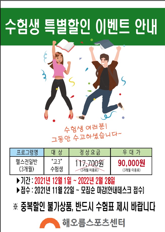 수험생 특별할인 이벤트 안내
 수험생 여러분! 그동안 수고하셨습니다~
 프로그램명 | 대상 | 정상요금 | 우대가 
 헬스전일반(3개월) 고3 수험생 | 117,700원(3개월이용료) | 90,000원 (3개월 이용료) ,
 ▶ 기간 : 2021년 12월 1일 ~ 2022년 2월 28일 ,
 ▶ 접수 : 2021년 11월 22일 ~ 모집순 마감(안내데스크 접수)
  ※ 중복할인 불가상품, 반드시 수험표 제시 바랍니다
 해오름스포츠센터