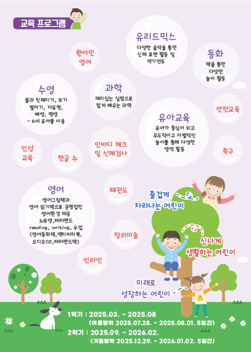 유아체능단 소개 교육 프로그램
원어민영어,
유리드믹스-다양한 음악을 통한 신체 표현 활동 및 악기연주,
동화-책을 통한 다양한 놀이 활동,
수영-물과 친해지기, 뜨기, 발차기, 자유형, 배영, 평형 - 6세 유아플 이용,
과학-재미있는 실험으로 쉽게 배우는 과학,
인성교육,한글 수,인바디 체크 및 신체검사,
유아교육-유아가 중심이 되고 주도적이고 자발적인 놀이를 통해 다양한 영역 활동,
안전교육, 축구,
영어-영어그림책과 영어 읽기책으로 균형잡힌 영어환경 제공, 노부영,레터랜드 reading, writing수업(영어동화책, 액티비티북, 오디오cd, 레터랜드책),
태권도, 창의미술, 인라인
-즐겁게 자라나는 어린이, 신나게 생활하는 어린이, 미래로 성장하는 어린이
1학기: 2025.03.~2025.08.(여름방학 2025.07.28.~2025.08.01. 5일간)
2학기: 2026.09.~2026.02.(겨울방학 2025.12.29.~2026.01.02. 5일간)